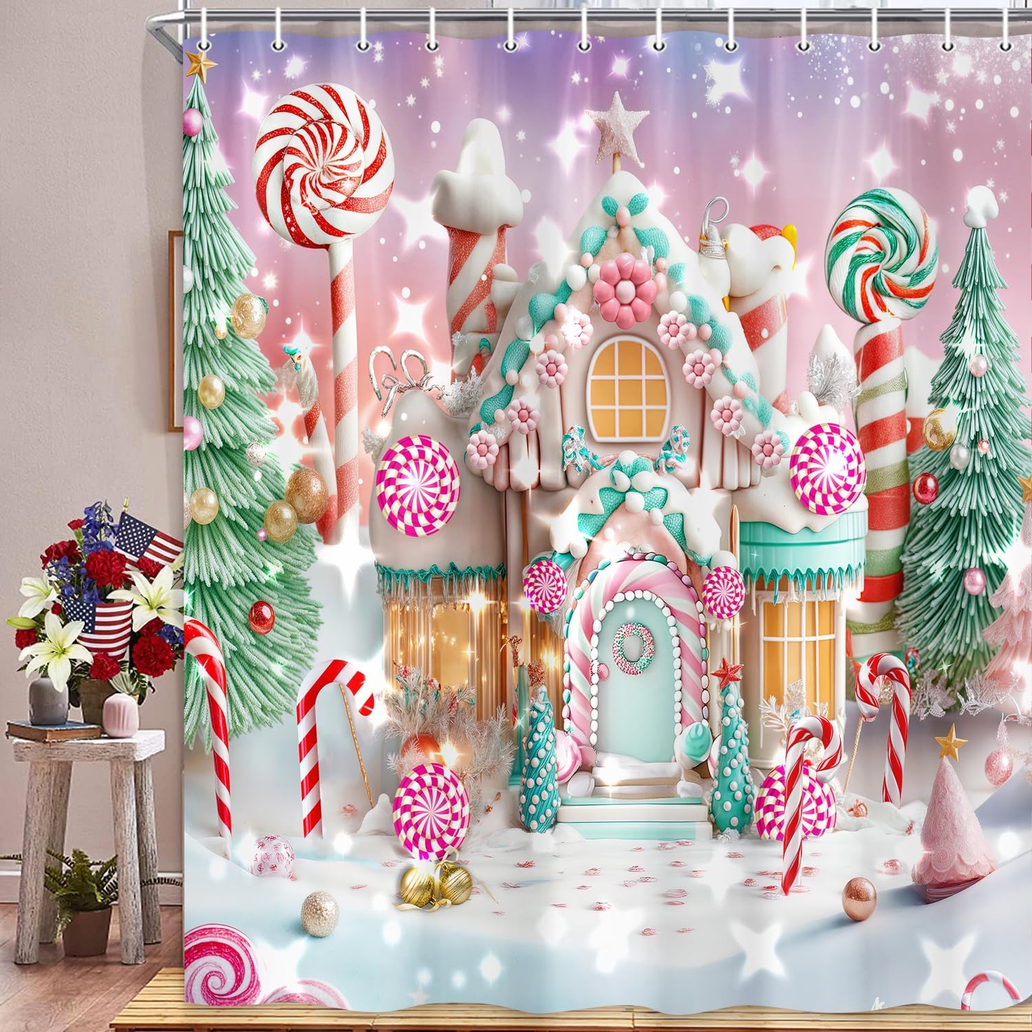 Christmas Shower Curtain, Winter Pink Merry Christmas Gingerbread House Shower Curtain Set, Xmas Candyland New Year Snowflakes Holiday Waterproof Fabric Bathroom Curtains with Hooks, 69X75inch