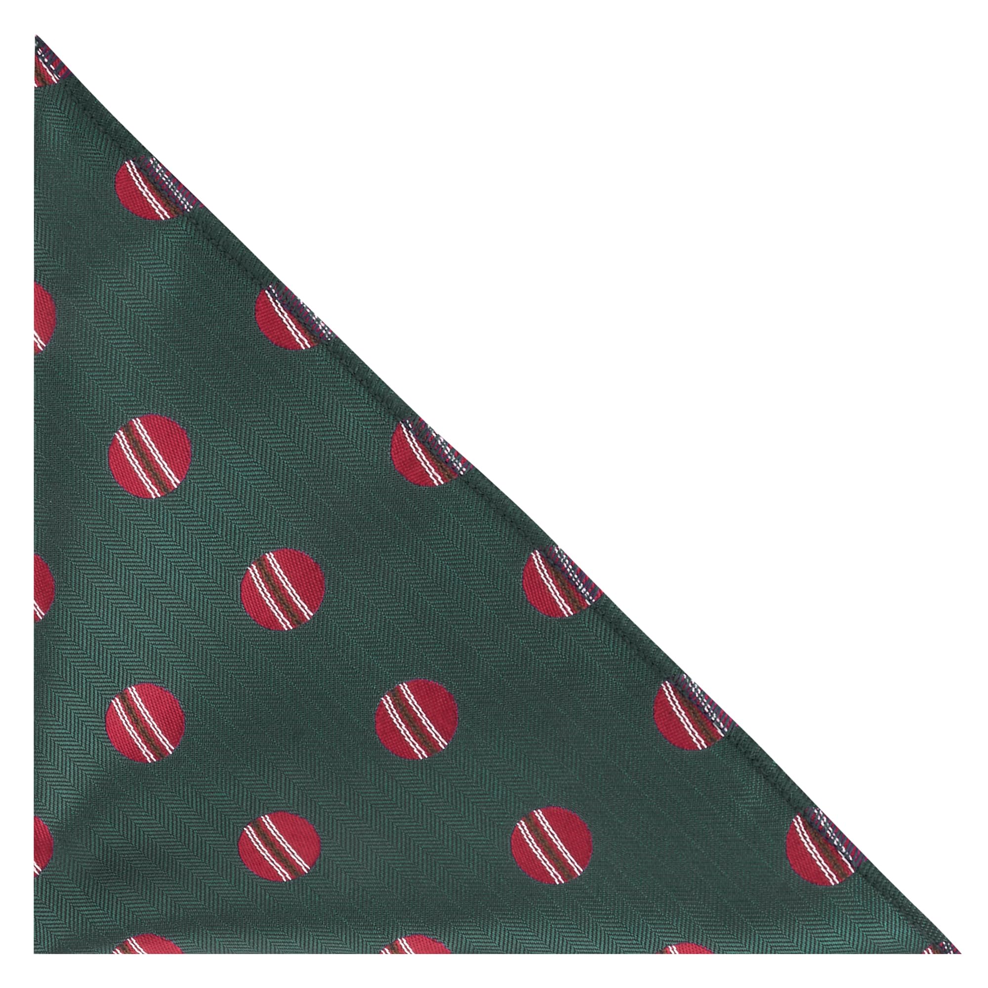 King & Priory Cricket Ball Dark Green Herringbone Embroidered Pocket Square, Handkerchief