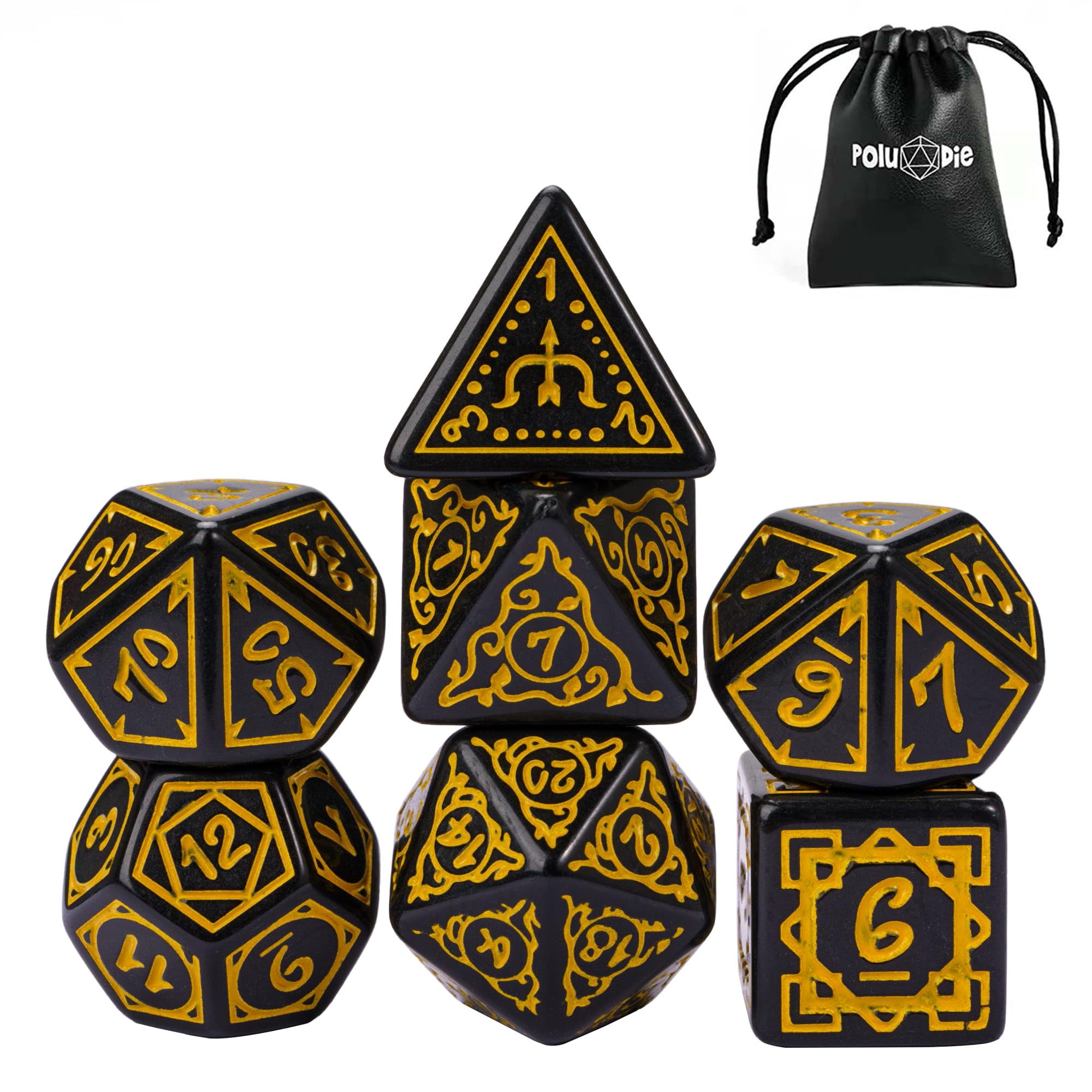 D&D Lot de 7 dés polyédriques DND avec sac à dés en cuir pour jeux de rôle Donjons et Dragons (Druide, noir et jaune)