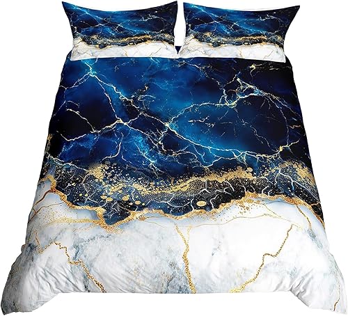 Miniatura 1 de Juego de funda de edredón de mármol dorado dorado, juego de ropa de cama azul marino con piedra mármol para niños y adultos, teñido anudado, arte