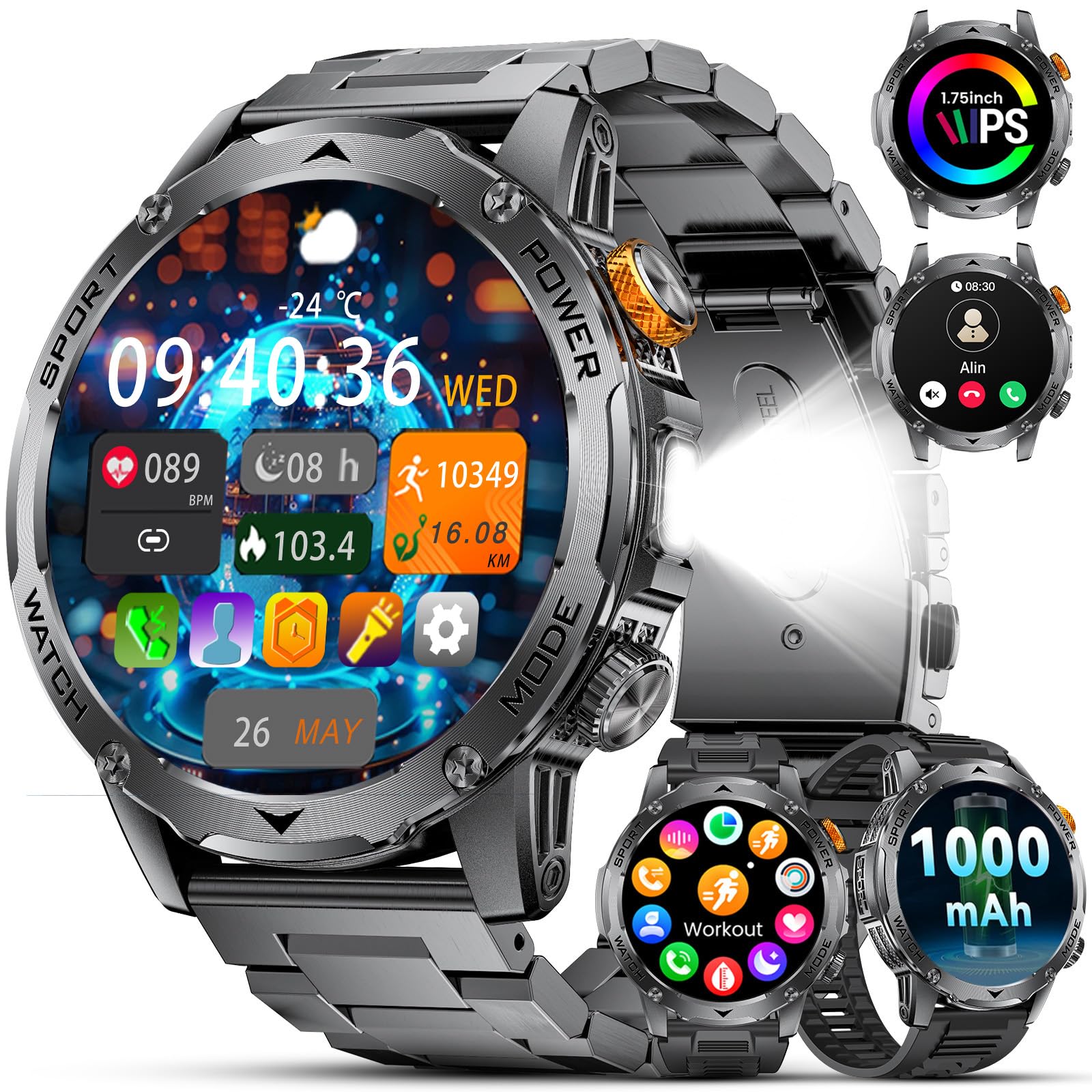 Smartwatch Herren Militär-1000mAh Akku/1.75'' HD Große Display,Smartwatch mit Taschenlampe/Bluetooth Anrufe/130+ Sportmodi,IP68 Wasserdicht Fitnessuhr mit Herzfrequenz/Schlafmonitor,für Android iOS