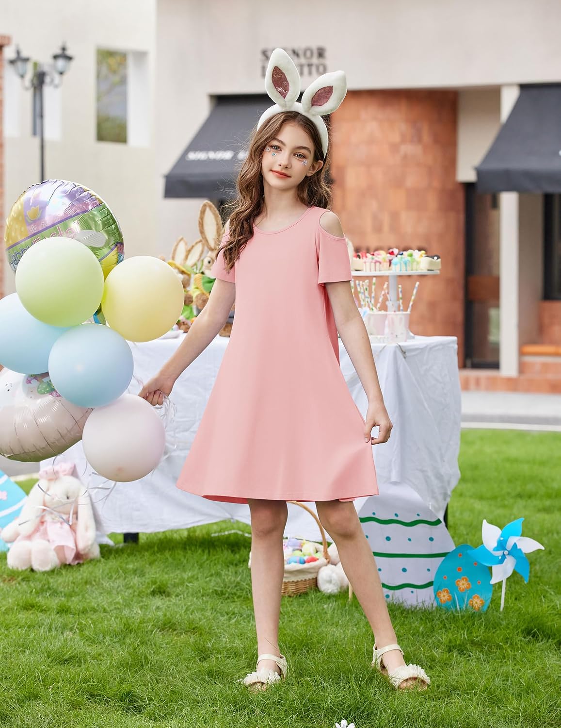 Arshiner Girls Summer Dress Short Sleeve Cold Shoulder Solid Color Swing Casual Dresses with Pockets image 2