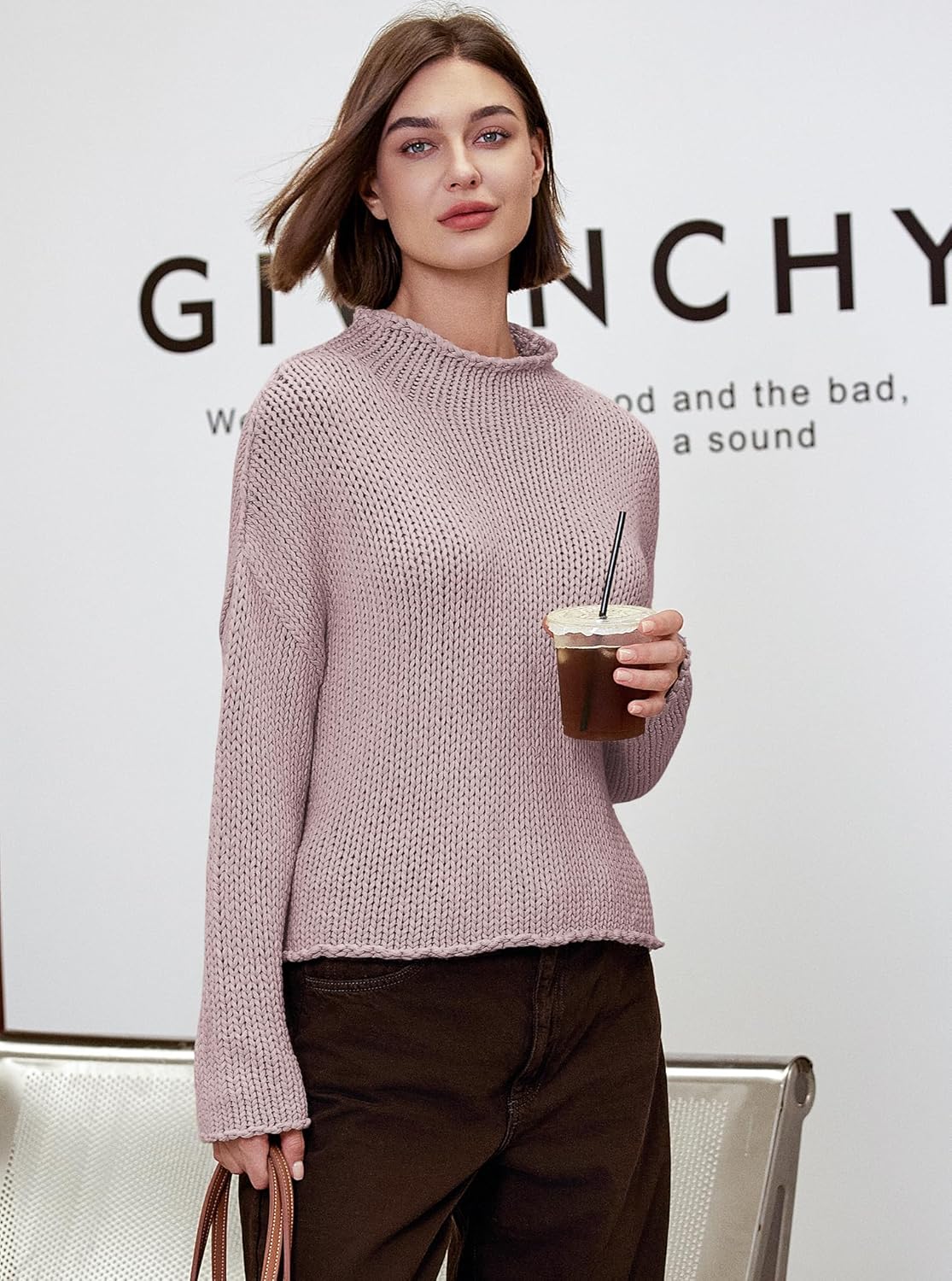 Panadila Womens Mock Neck Cropped Sweater Oversized Chunky Knit Pullover Sweaters Fall Long Sleeve Sweater Tops - Image 3