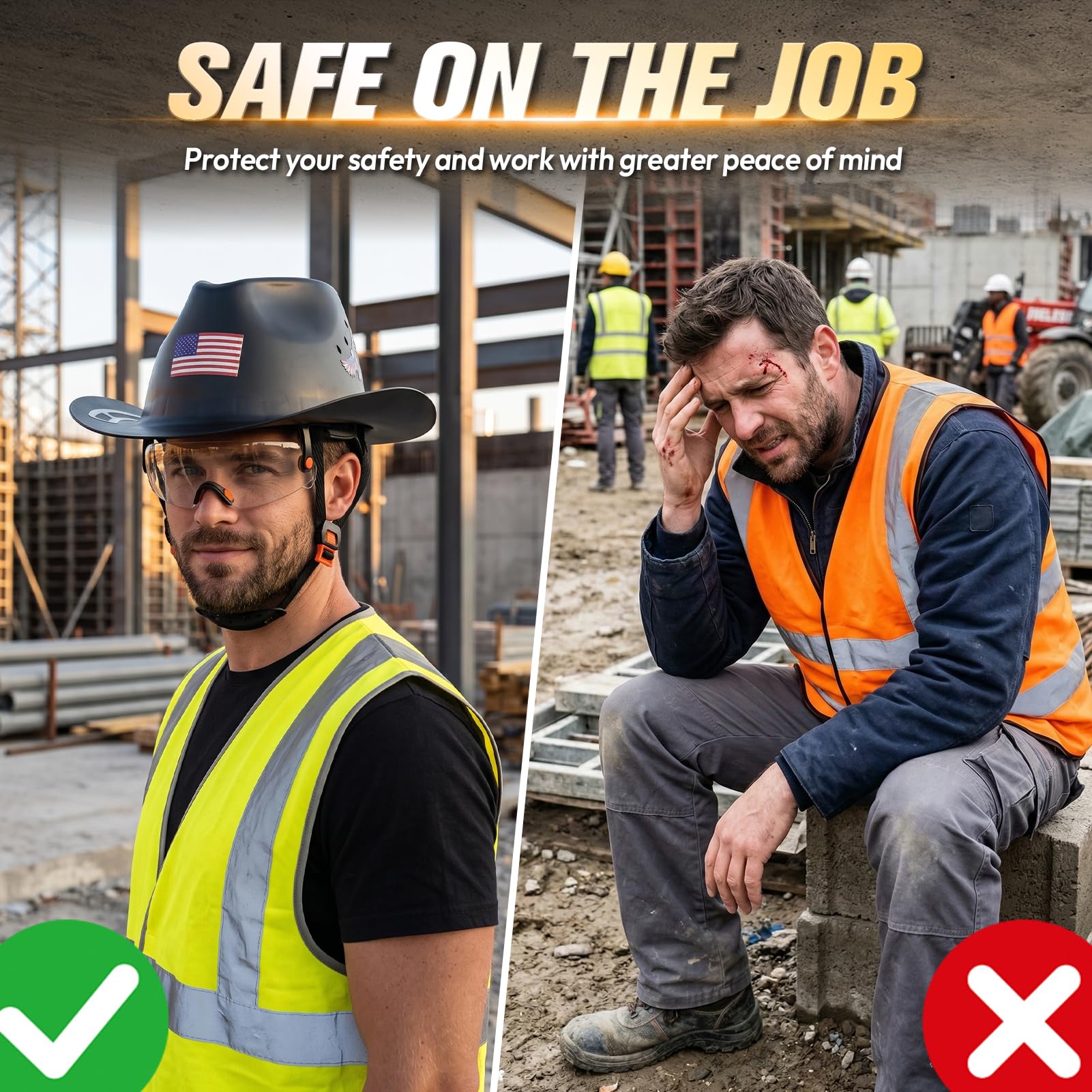 Casque de sécurité de cowboy approuvé par l'OSHA, casque de sécurité à bord complet avec visière intégrée, suspension à cliquet à 4 points, casque de sécurité pour homme et femme, ANSI Z89.1