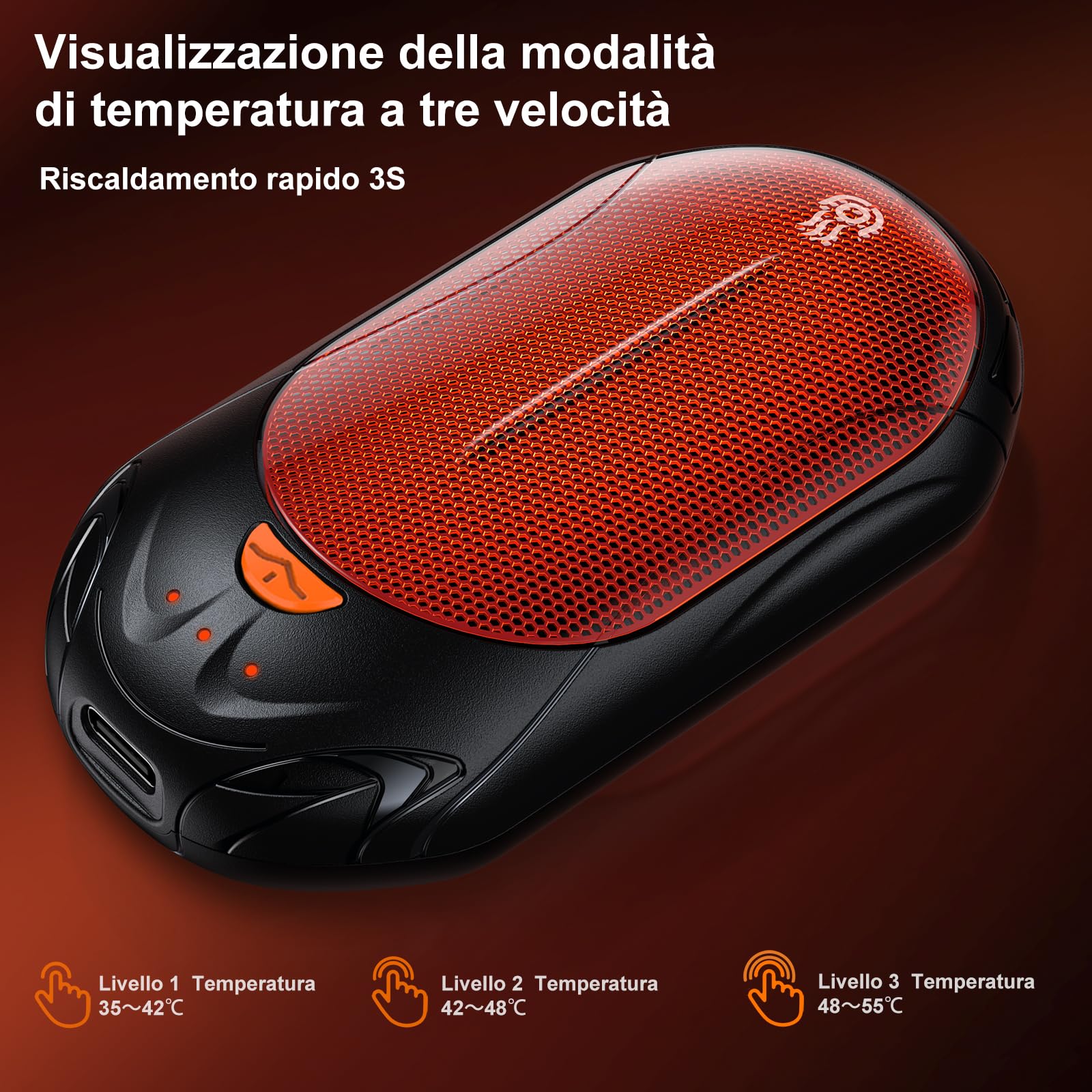 Scaldamani Elettrico 6000mAh, OUTJUT 2 Pezzi USB Scaldamani Ricaricabile Portatile con 3 Livelli di Riscaldamento, Ricarica Rapida per Caccia, Golf, Campeggio, Regali di Natale per Familiari