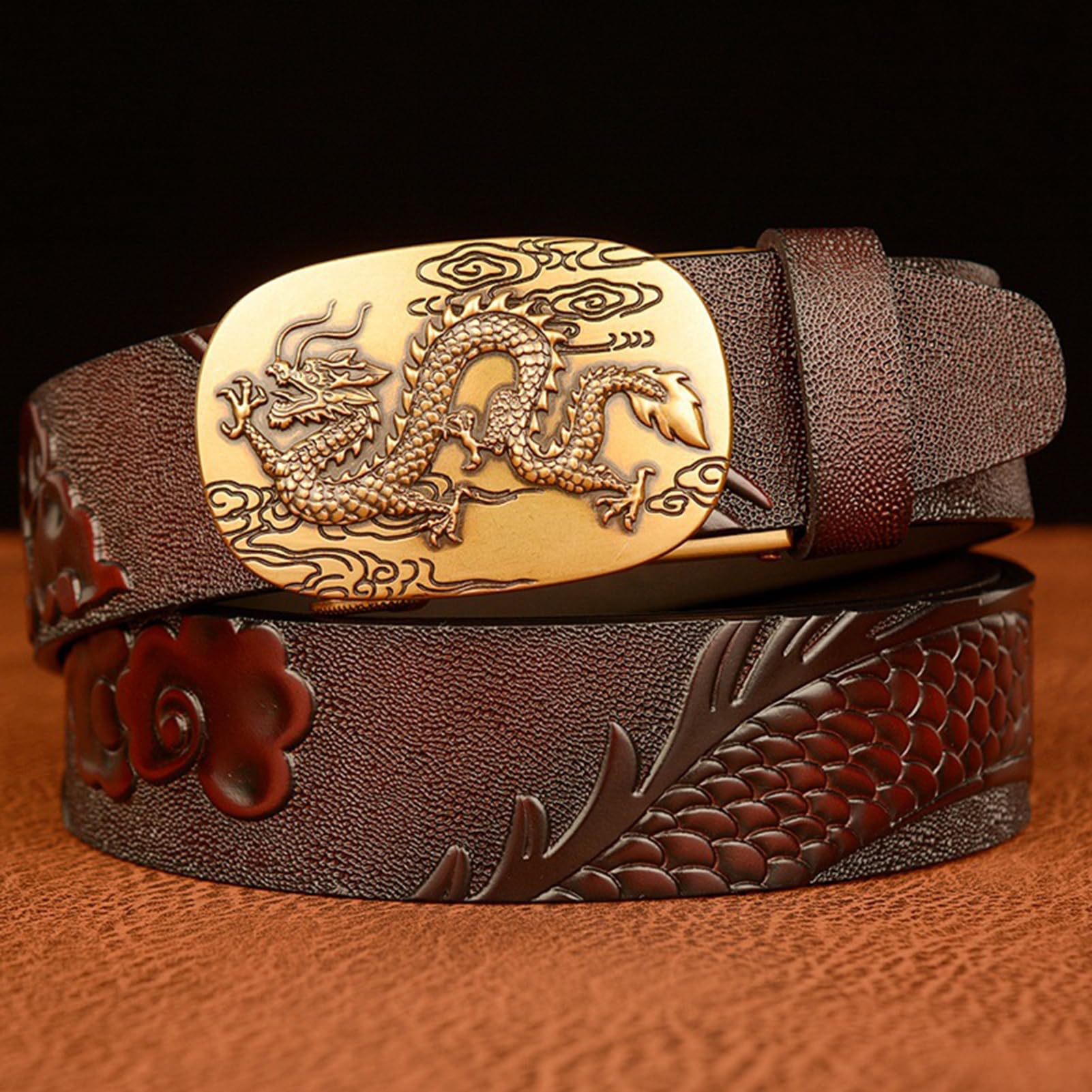 Cinturón De Trinquete para Hombre Hebilla Automática Deslizante Dragon Cinturones De Dragón Tallado En Relieve Longitud 110-130cm Correas De Cuero De Vaca(130cm/51, Coffee)
