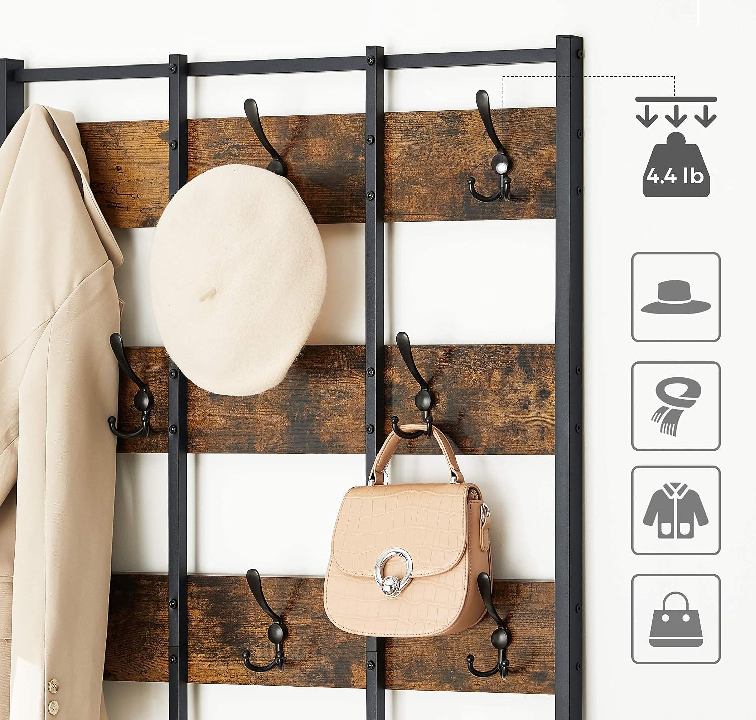 VASAGLE Hall Tree with Shoe Storage, Entryway Organizer with Coat Hooks and Shoe Bench, 2 Mesh Shelves, Steel Frame, Rustic Brown and Black, 33.1 x 11.8 x 72.4 Inch UHSR087B01