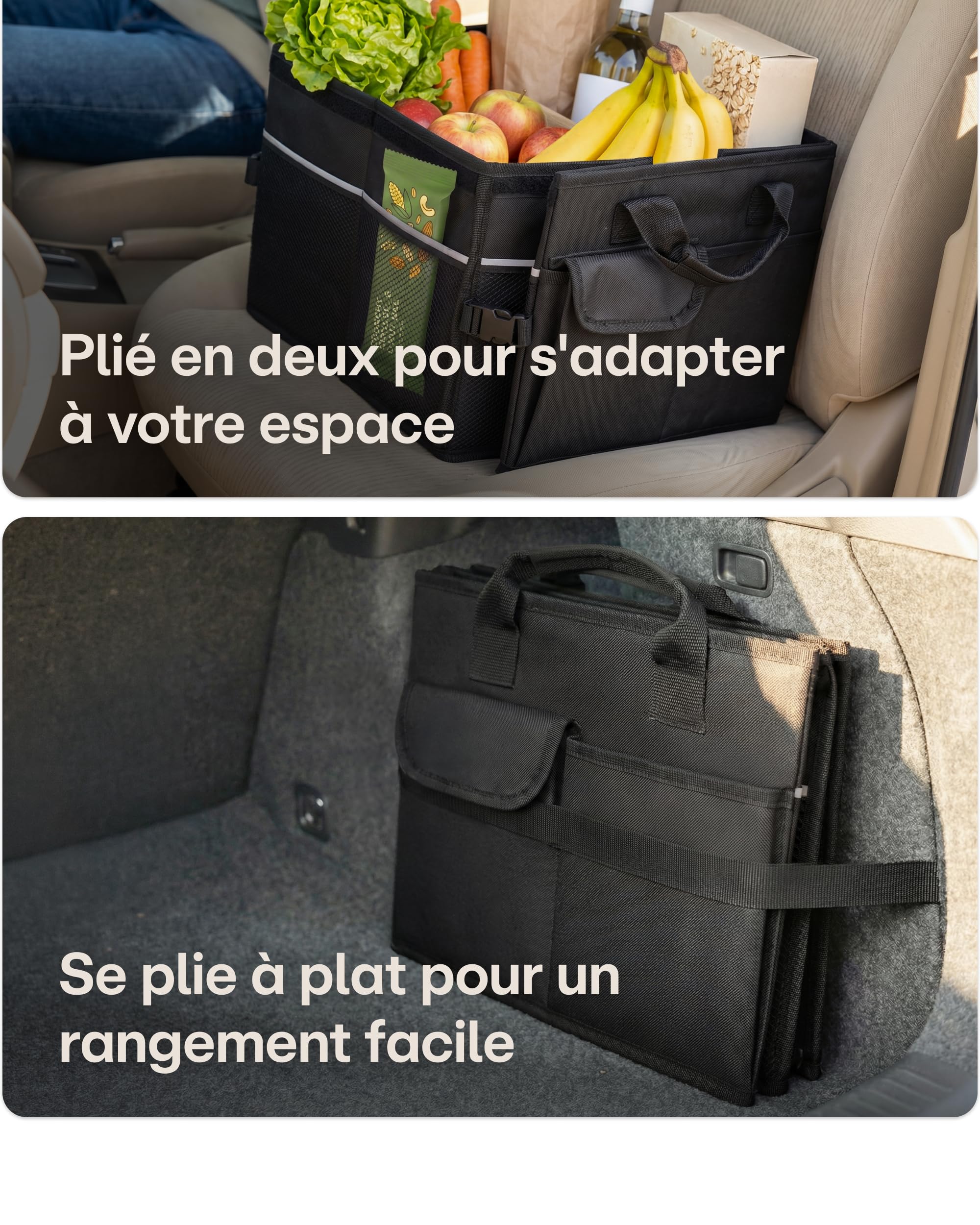 Praknu Organiseur de Coffre avec Couvercle Grand 45L – Pliable à 20L – 3 Compartiments avec 11 Poches – Déperlant & Antidérapant – Facile à Transporter – Idéal pour un Coffre plus Ordonné