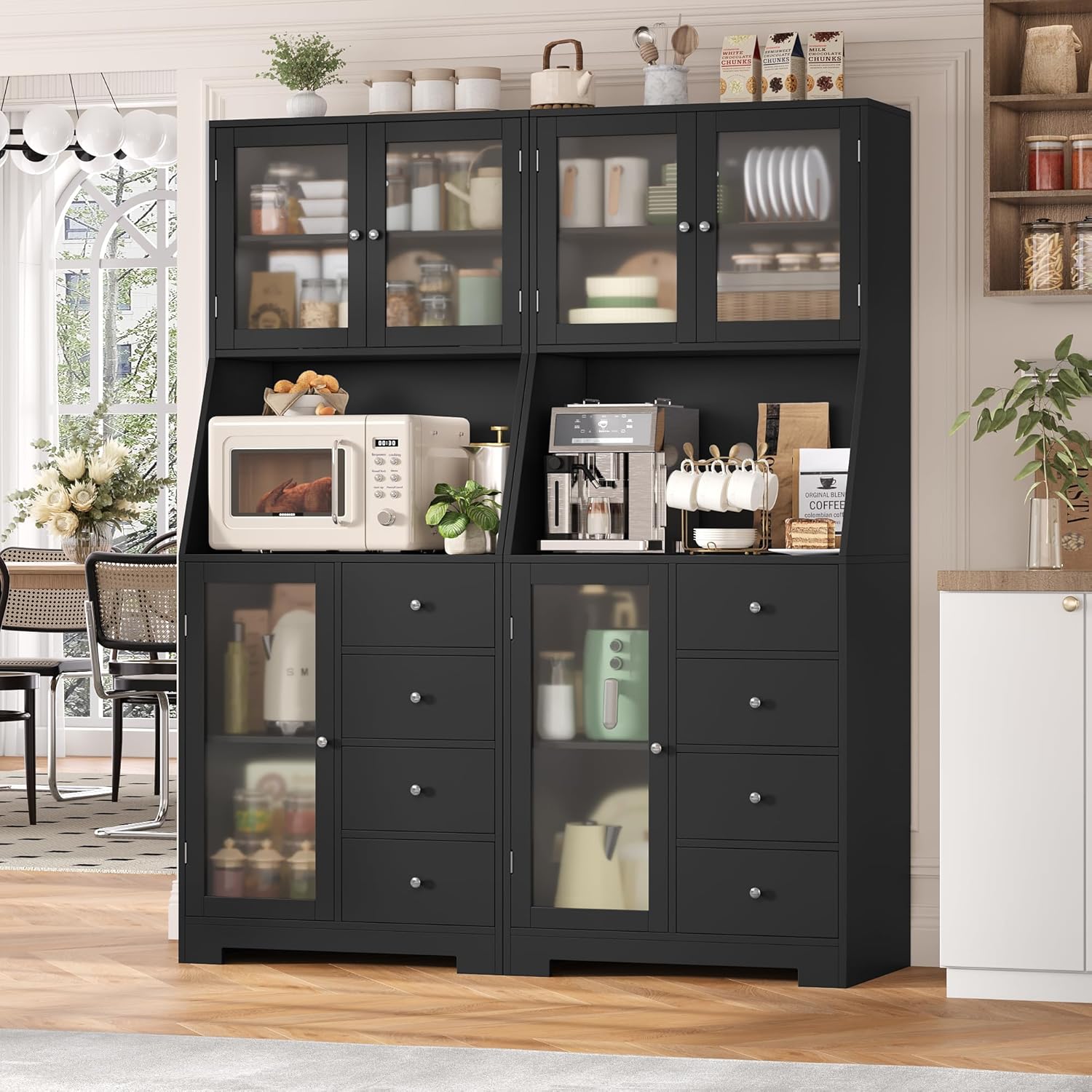 Adjustable shelf and four storage drawers of the cabinet