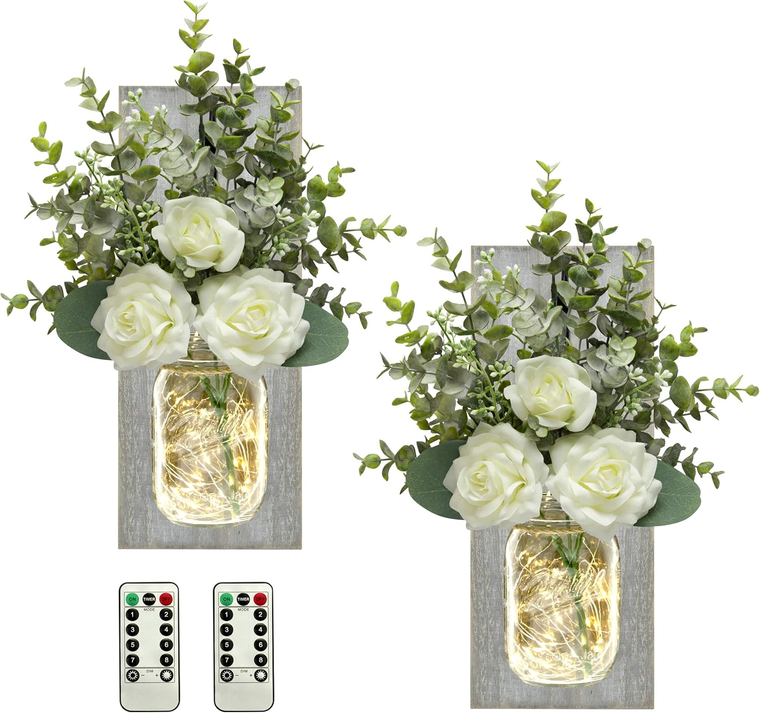 TenXVI Designs Remote Controlled Mason Jar Sconces with Roses and Eucalyptus - Set of 2 - Rustic Farmhouse, Boho, Country Western Home Wall Decoration for a Dining Room, Living Room, Bedroom - Gray