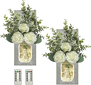TenXVI Designs Remote Controlled Mason Jar Sconces with Roses and Eucalyptus - Set of 2 - Rustic Farmhouse, Boho, Country Western Home Wall Decoration for a Dining Room, Living Room, Bedroom - Gray