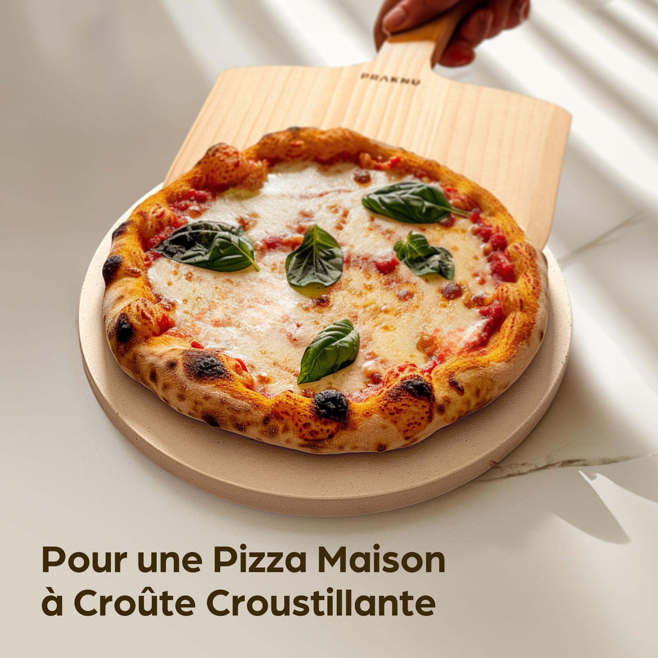 Praknu Pierre a Pizza pour Four - Avec Pelle à Pizza en Bois - Pierre Pizza Ronde en Cordiérite à Four et Barbecue - Pour Pizzas Croustillantes