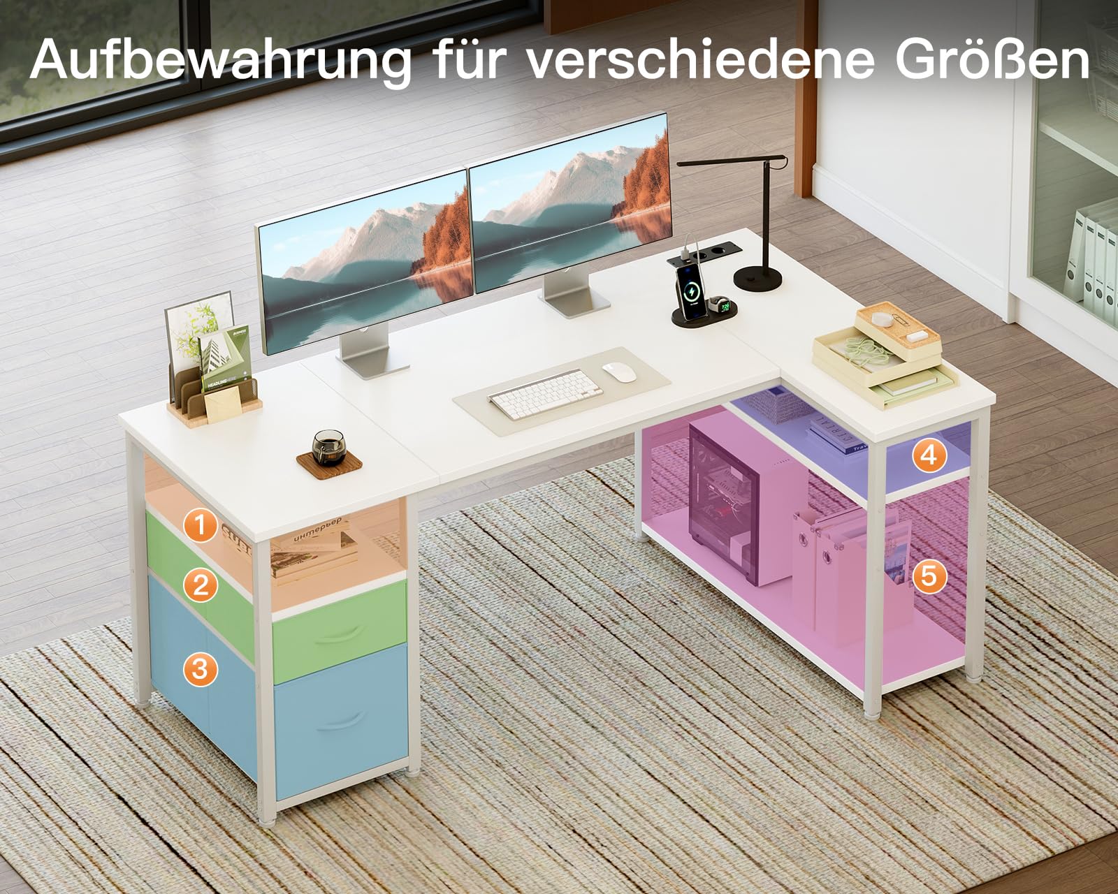Coleshome Schreibtisch mit 2 Schubladen und Regal, 140×80 cm Eckschreibtisch mit Stauraum und Steckdose, Umkehrbarer Gaming Tisch für Homeoffice & Familienecke, Weiß
