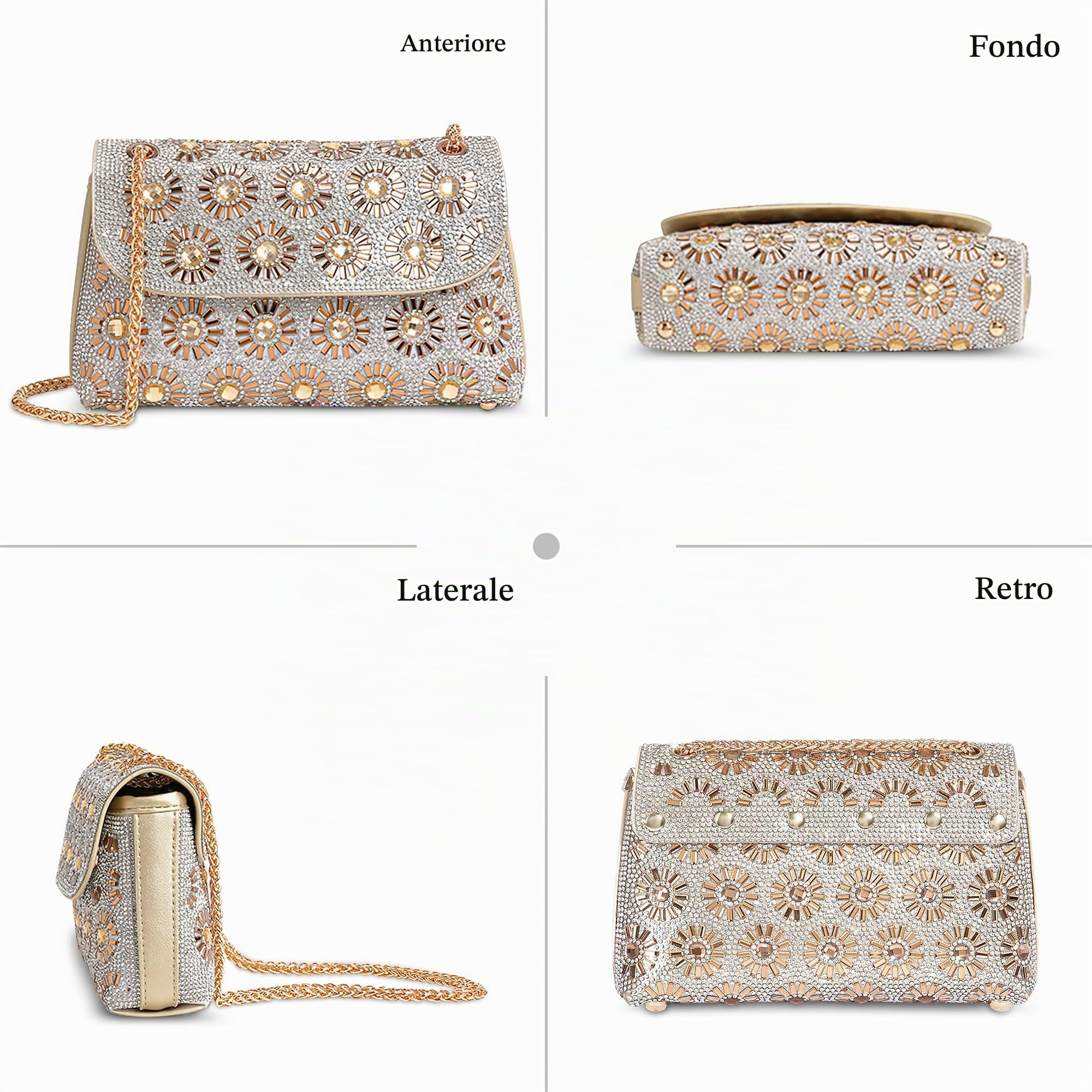 Borsa a Tracolla da Donna Moda Con Cinghia a Catena e Strass - Messenger Impermeabile in PU per Festa, Shopping e Viaggio - Oro