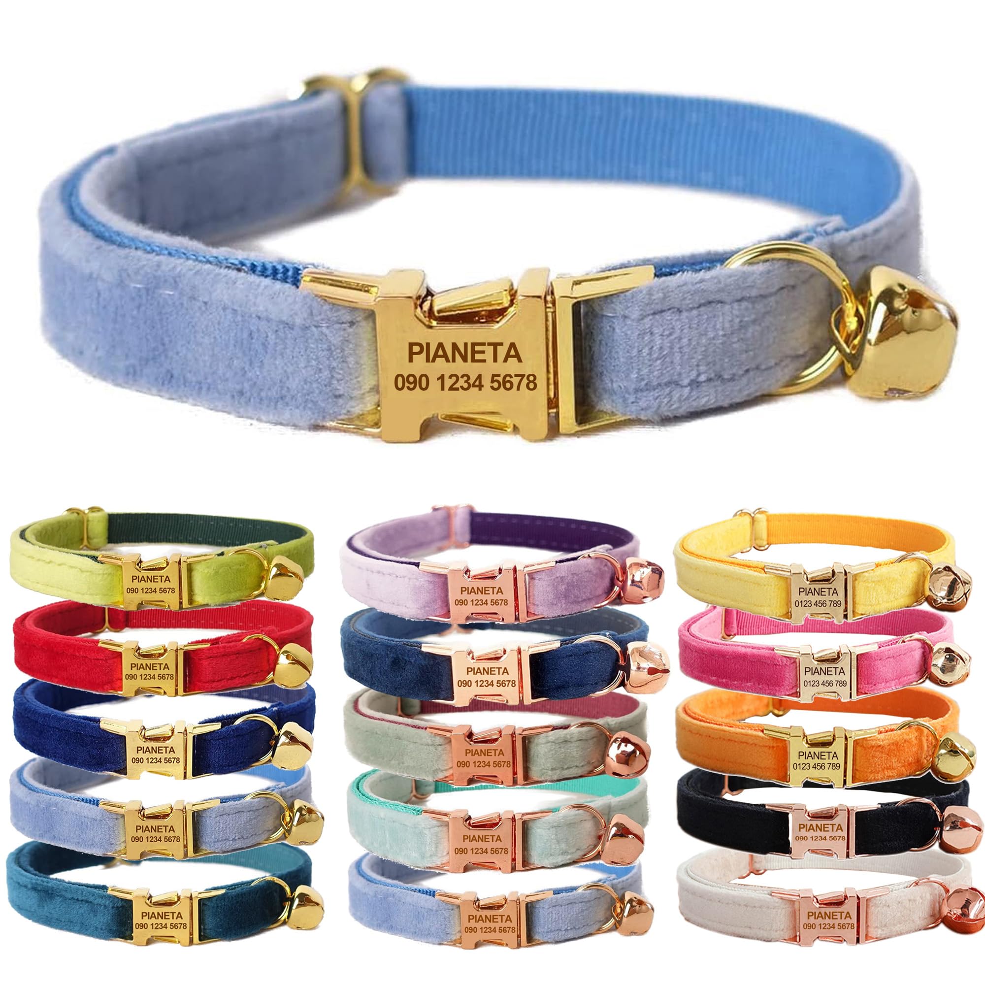 Personalized Cat Collar Engraved with Name Engraved and Bell, Customized Pet Velvet Collars for Puppy Kittens (Sky Blue, L (8"-13")) — image 1