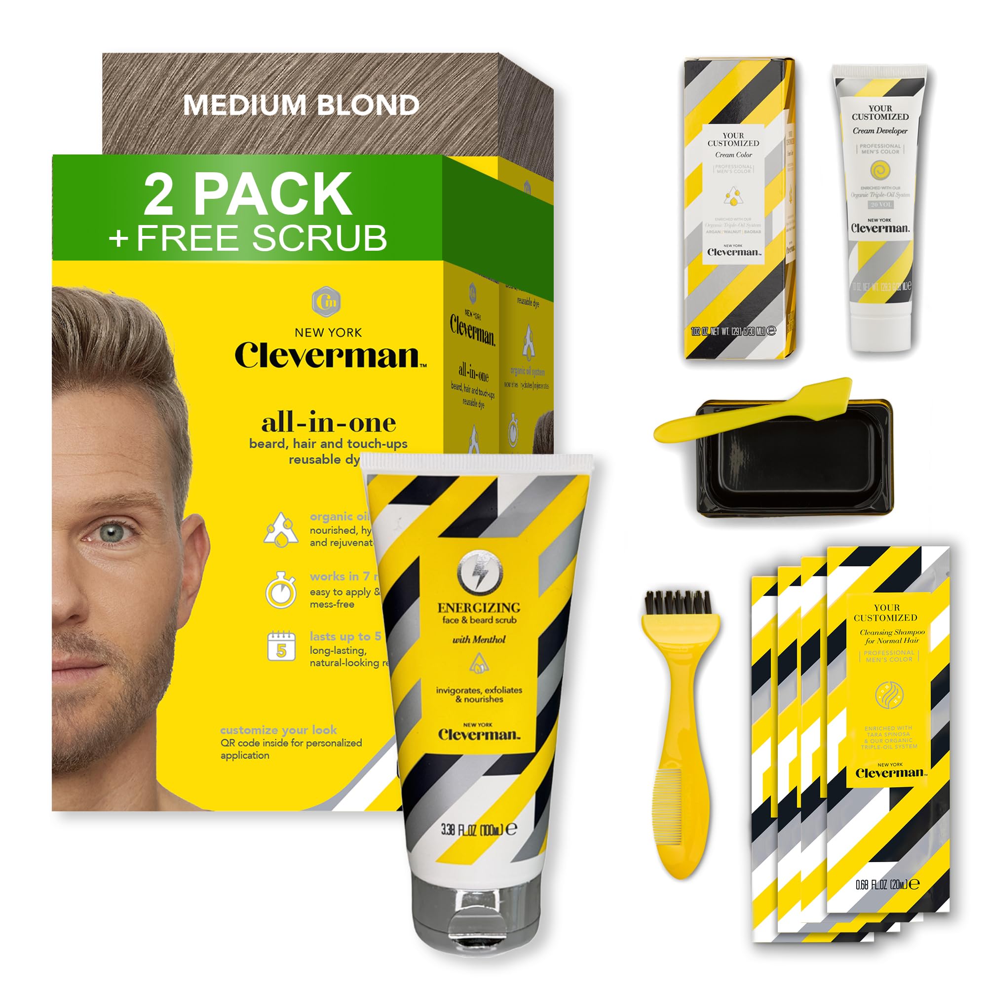 Cleverman 2 Pack - Medium Blond Hair & Beard Dye for Men x2 + 1 Free Energizing Face & Beard Scrub
