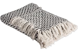 DII Modern Zig Zag Black and Cream Throw Blanket, Hand-Knotted Cotton 2.5" Fringe, 50×60