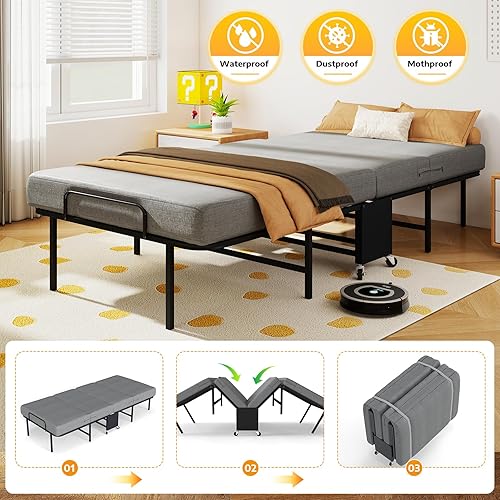 Miniatura 5 de SADENICEL Cama plegable con colchón para adultos, tamaño individual, cama plegable portátil con ruedas, colchón de espuma viscoelástica y marco