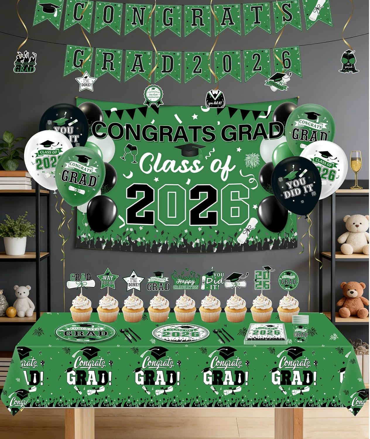 2026 Graduation Decorations Green Black - Class of 2026 Party Decor Kit with Backdrop, Balloons, Banner & Supplies for College/High School Grad (Green Black)