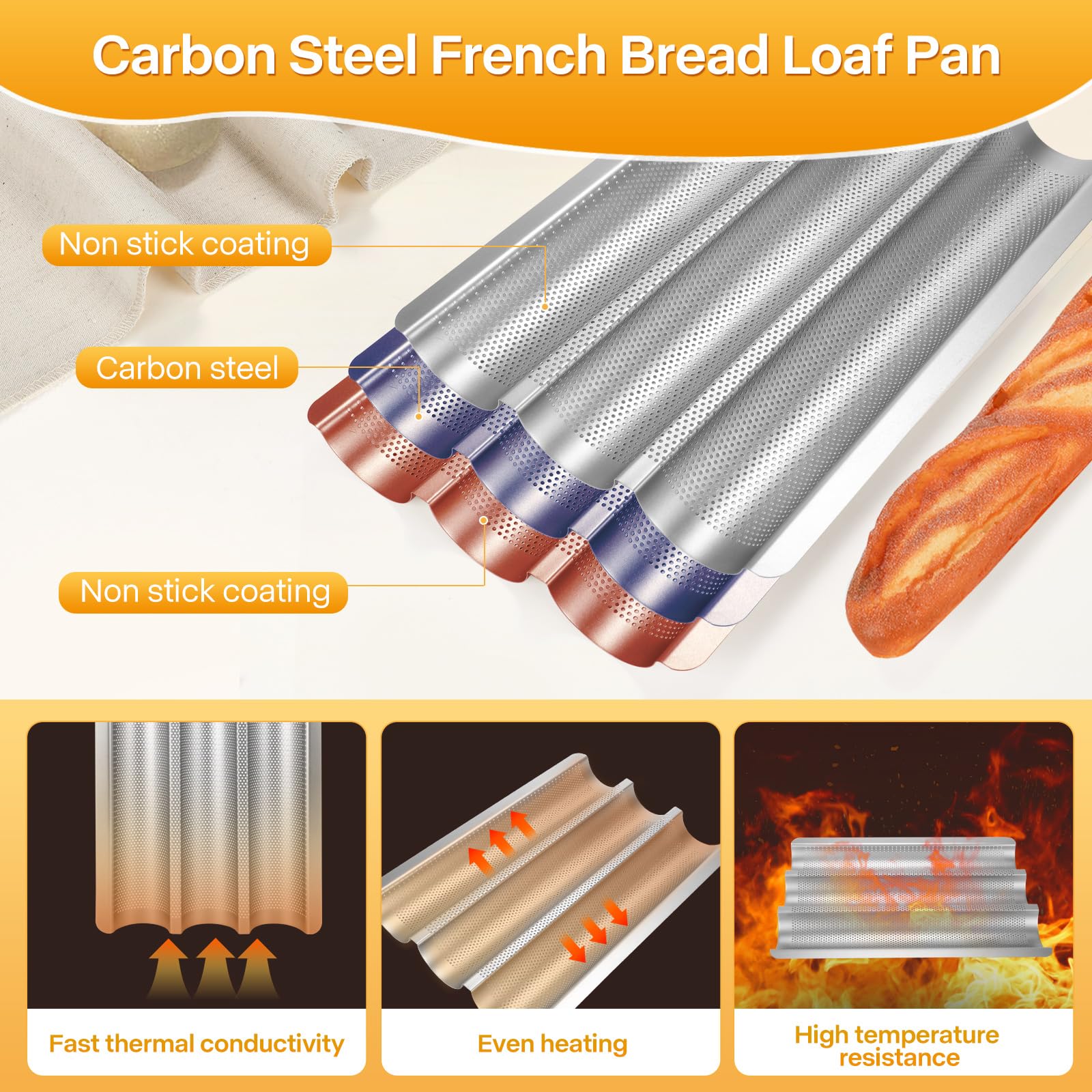 Molde para pan baguette, molde perforado, antiadherente para 3 panes francés, con paño de prueba, kit de cortador de masa para panadería casera, bandeja de baguette, bandeja de pan plateado de
