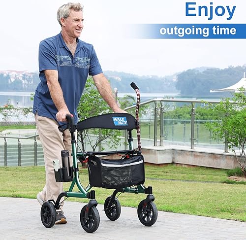 Vista 51 de Andador con ruedas para personas mayores con soporte para tazas, botón de presión de pulgar mejorado para ajuste de altura, caminante de 4 x 8 Azul