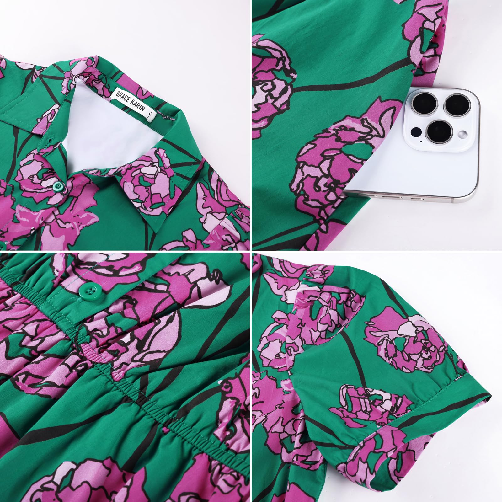 GRACE KARIN Sommerkleid Blumen Leichte Revers Kleid Hochzeitsgast Damen