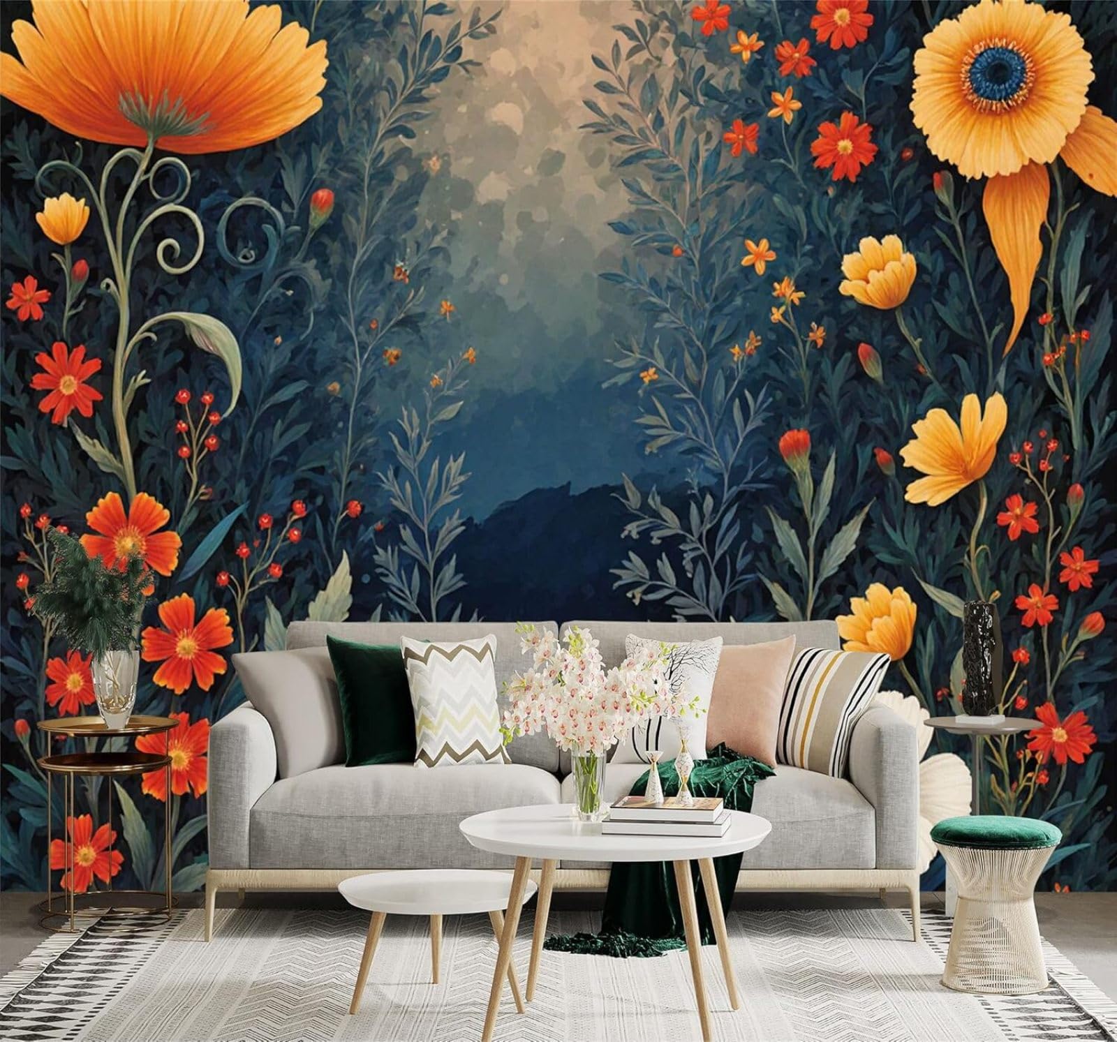 XLMING Colourful Wildflowers Garden Orange White Flowers 3D Wallpaper Silky Texture Home Study Office Grey Dining Room Sofa Bedroom Living Room TV Backdrop-400cm×280cm