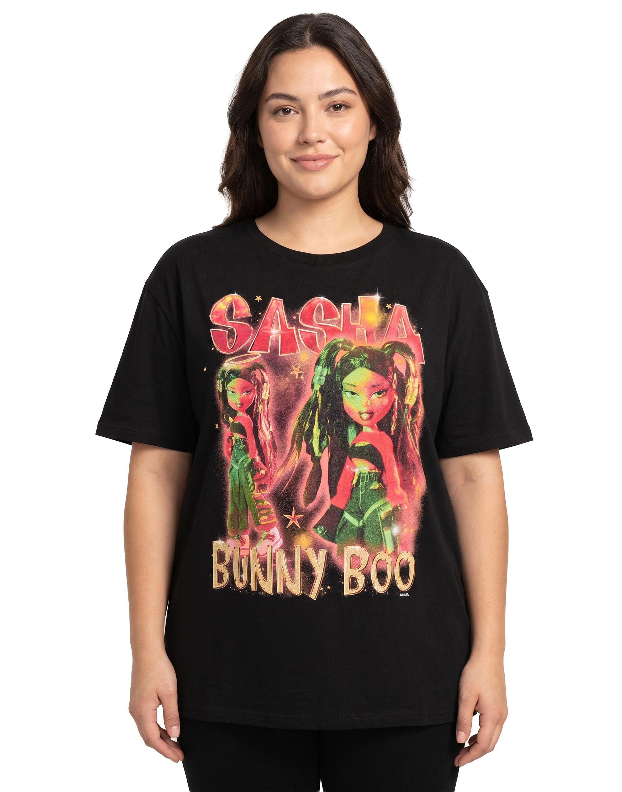 Bratz Women's Sasha - Black Sasha T-Shirt | Y2k Bling Short Sleeve Graphic Tee In Black | Bunny Boo Classic Doll Chrome Relaxed Fit Apparel Top | Nostalgic Doll Character Merchandise Gift