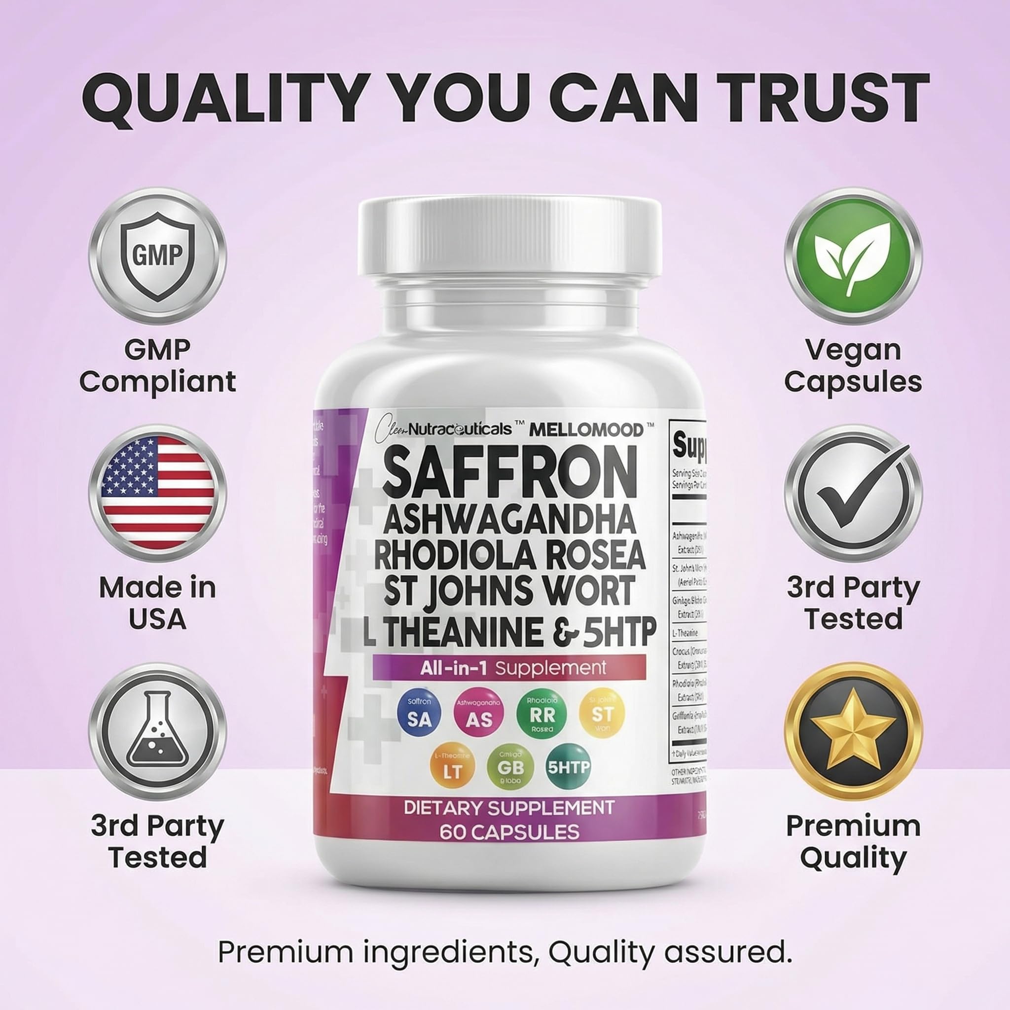Clean Nutraceuticals Saffron Supplements Extract 100mg + Ashwagandha L-Theanine 200mg - Mood Support Ginkgo Biloba, St. John's Wort, Rhodiola Rosea & 5-HTP Capsules Pills Men Women — Amazon image 8