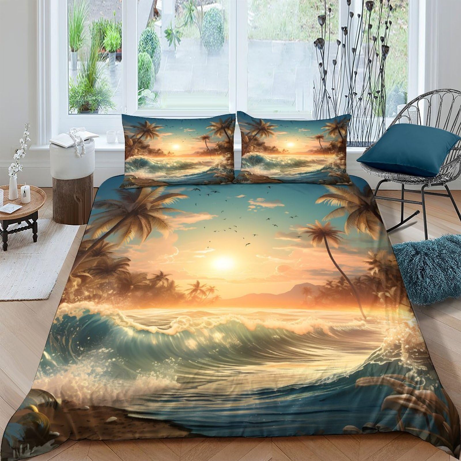 Ctjqhvkz Style-2 3D Printed Sunset Beach Fitted Sheet Microfiber Soft Breathable Palm Wave Mattress Cover For Bedroom Decor Single（135X200cm）