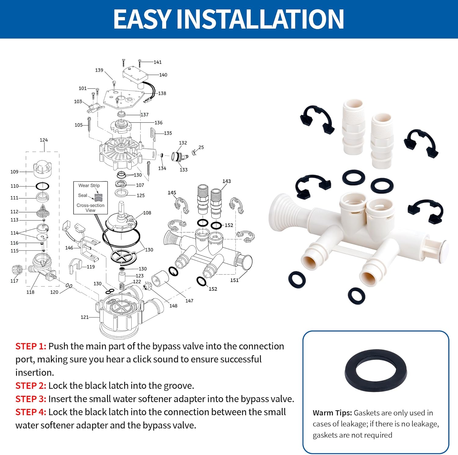 7345396 - High Flow 1" Water Softener Bypass Valve Kit with 2 Adapters, 4 Clips, 4 O-rings, and 8 Gaskets, for 8 Screw Caps, Compatible with Whirlpool/Kenmore/GE/EcoPure/Morton/NorthStar Models