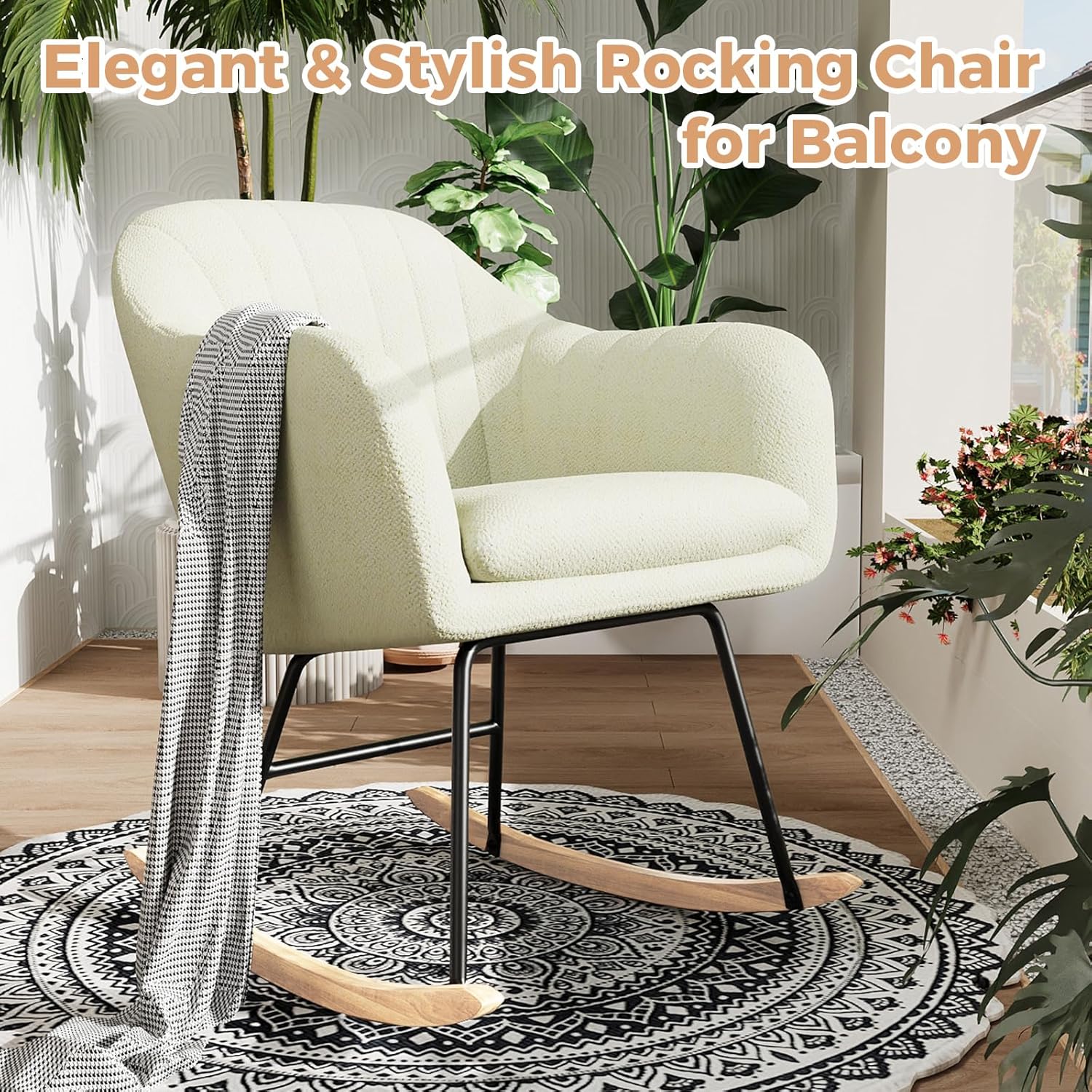 GarveeHome Nursery Rocking Chair, Upholstered Chenille Glider Rocker Chair, Modern Armchair With Wood Legs, Indoor Comfy Accent Chair Nursing Chairs Holds Up to 350 LBS for Living Room, Bedroom, Beige