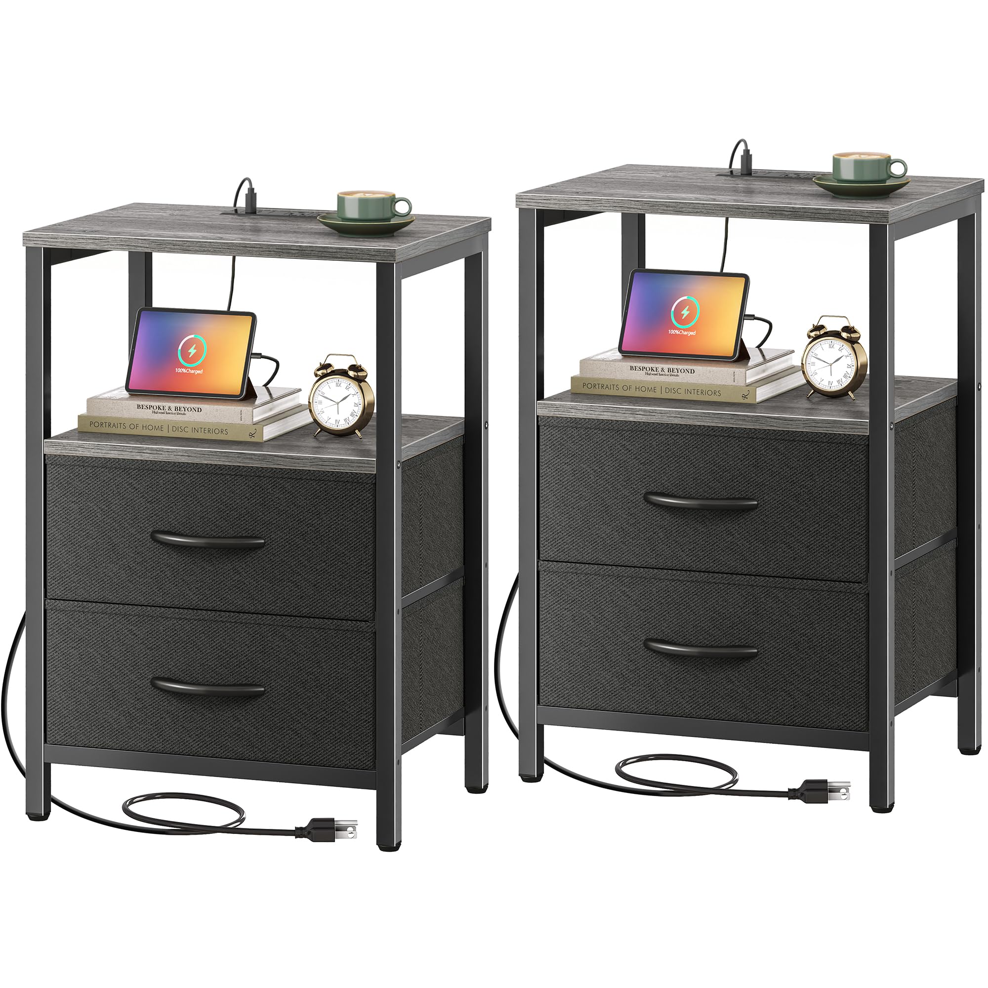 Huuger Nightstands Set of 2, End Tables with Charging Station, Side Tables with Fabric Drawers, Bedside Tables with USB Ports and Outlets, Night Stands for Bedroom, Charcoal Gray