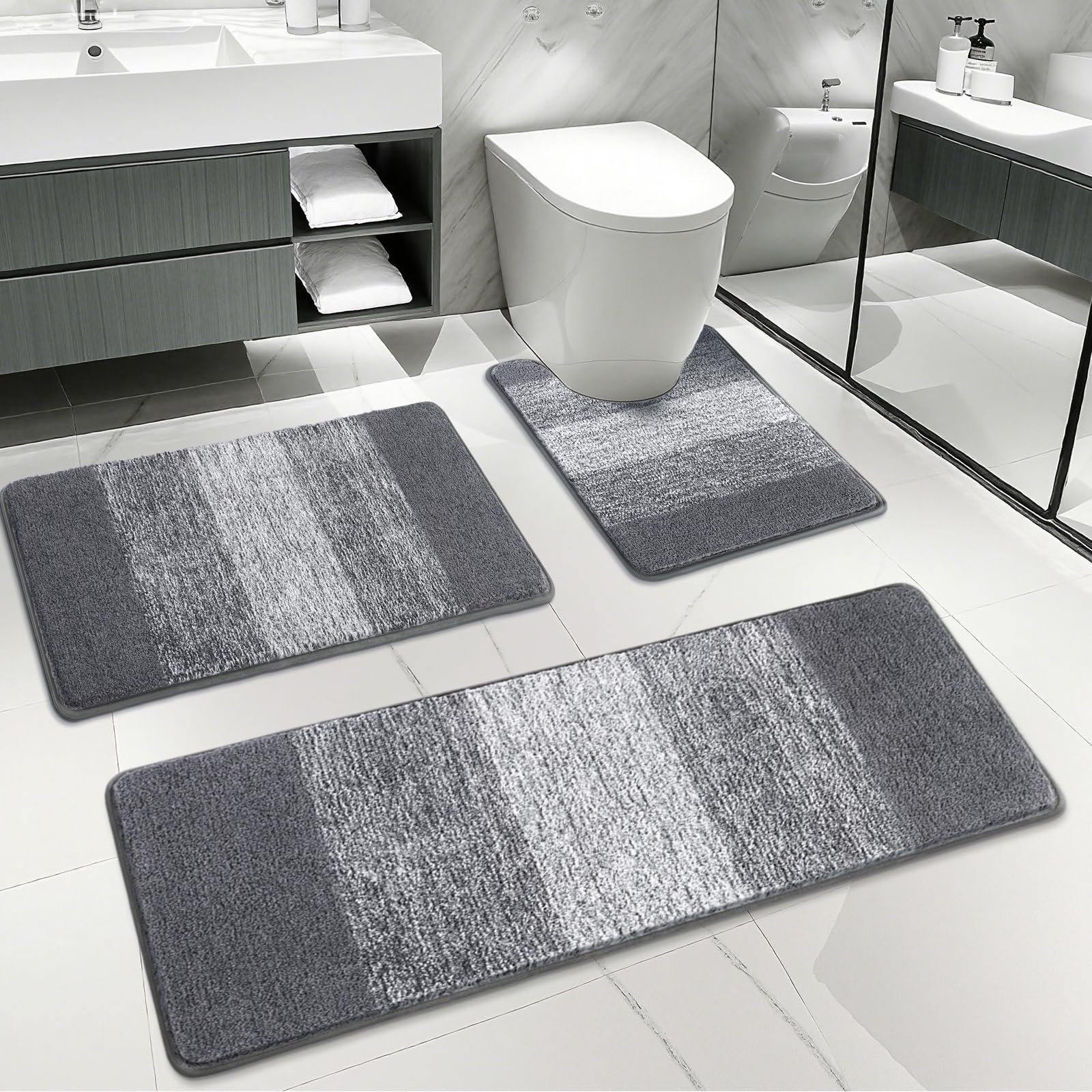Enyhom Bathroom Mat Sets 3 Piece, Microfibre Shaggy Grey Bath Mat Set, Super Absorbent Bath Rug with U-Shaped Toilet Rug, Non Slip Washable Pedestal Mats for Toilet Soft Thick Bathroom Carpet Set