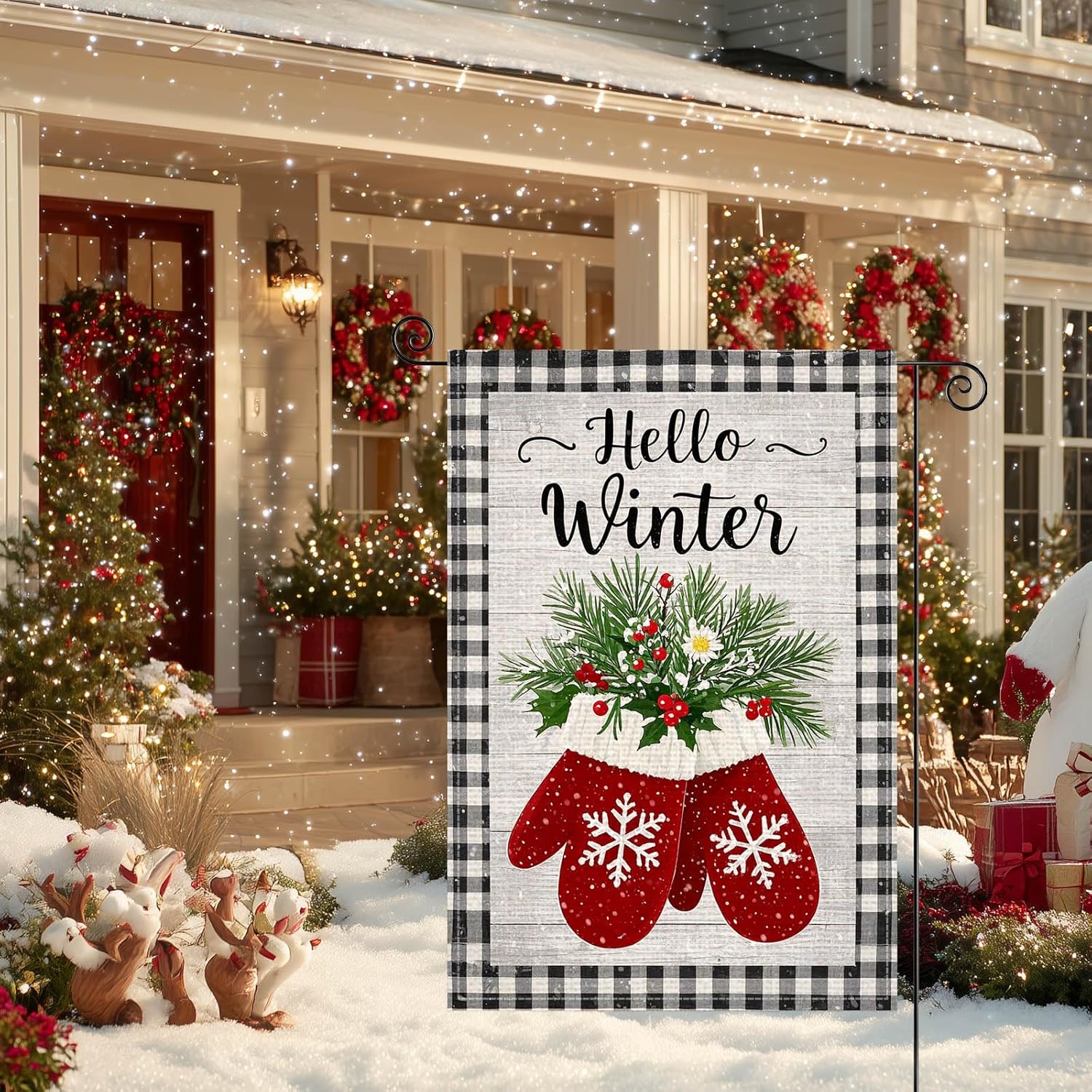 Hallo Winter Garden Flag 12x18 Inch Mittens Welcome Garden Flags Burlap Double-Sided Snowflakes Poinsettia Holiday Decoration Banner Merry Christmas Flag for Yard Lawn Decoration - Image 8