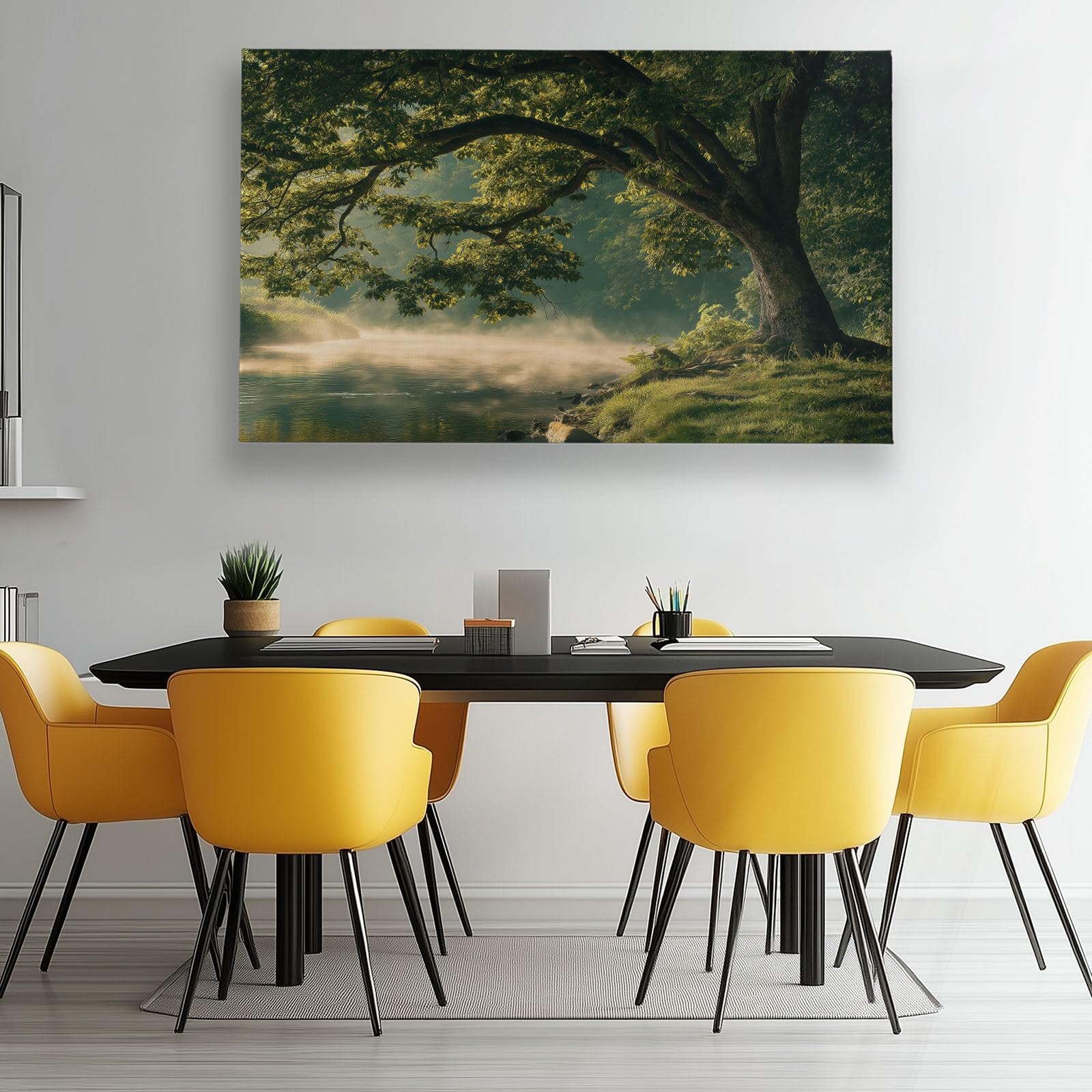 Generisch Natürlich Nebelwald Bäume Berge Modernes Leinwandbild 120L x 80B cm mit Rahmen, Landschaft XXL Wanddeko für Wohnzimmer Geschenk Idee Einzug - Hochwertiger Kunstdruck auf Holzrahmen