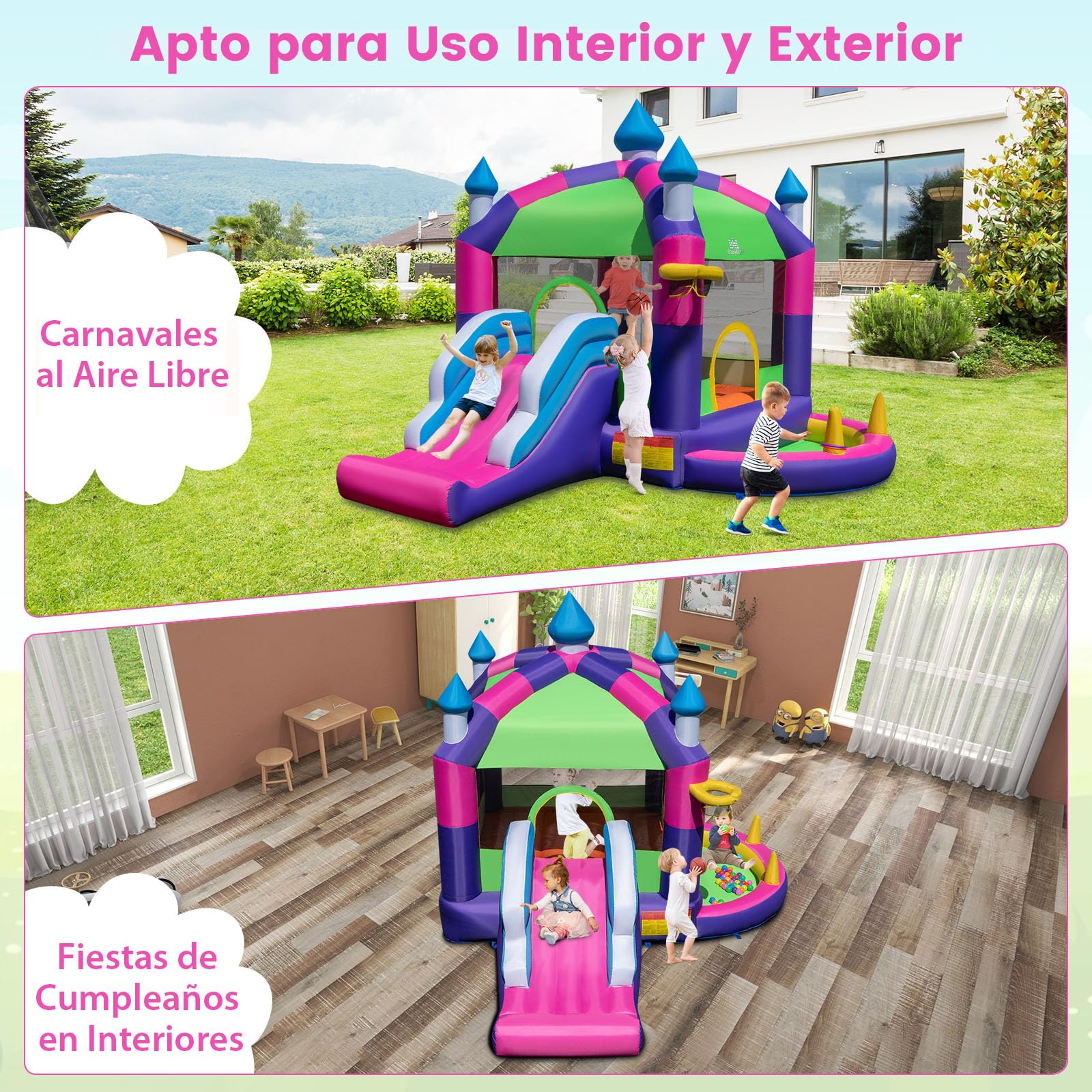 COSTWAY 5 en 1 Castillo Hinchable para Niños, Castillo Hinchable Grande con Tobogán, Piscina de Bolas, Techo Sombreado, para Niños 3-10 Años, Insuflavel Criança Interior Exterior, 385 x 332,5 x 300 cm