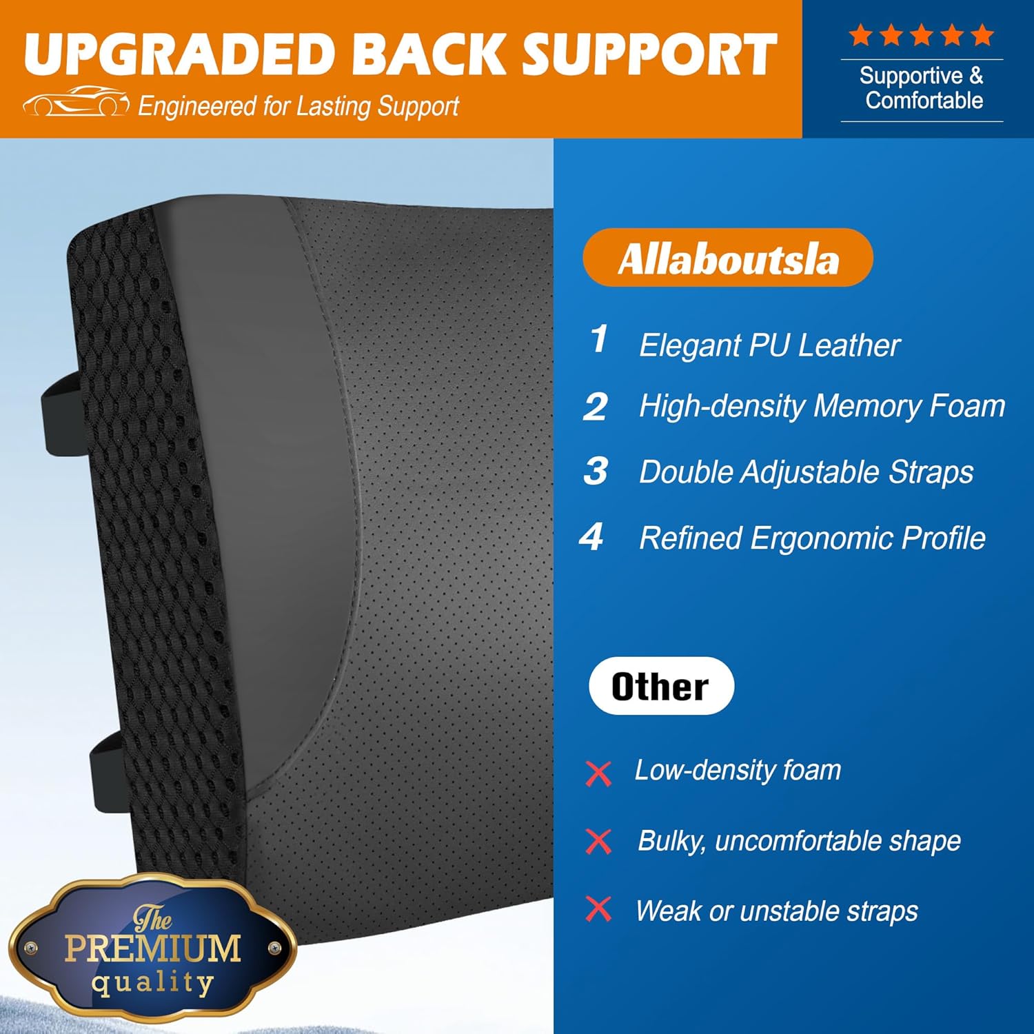 Lumbar Support Pillow for Car: Ergonomic Memory Foam Lumbar Pillow for Long Drives, Lower Back Support for Pain Relief, Dual Adjustable Straps, Back Cushion for Car Seat, Office Chair - Black