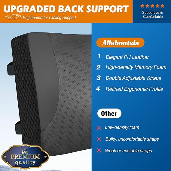 Allaboutsla Lumbar Support Pillow for Car, Car Seat Back Support | Memory Foam Car Lumbar Pillow, Back Support for Pain Relief, Dual Adjustable Straps, Back Cushion for Car Office Chair, Black