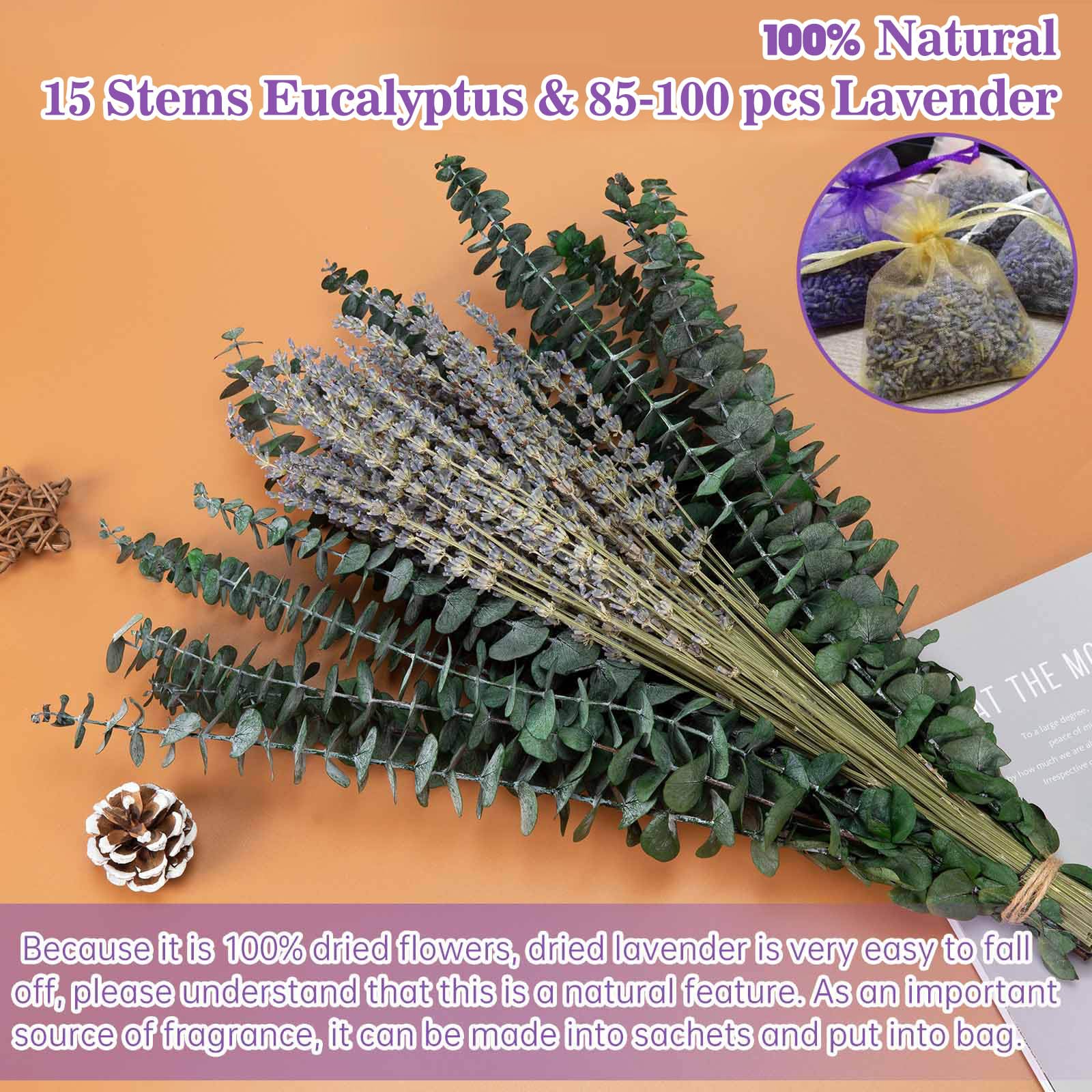 Lot de 115 tiges d'eucalyptus séchées avec fleurs de lavande pour douche, 43,2 cm, branches de lavande naturelles vivantes à suspendre pour spa, maison, salle de bain, décoration de table
