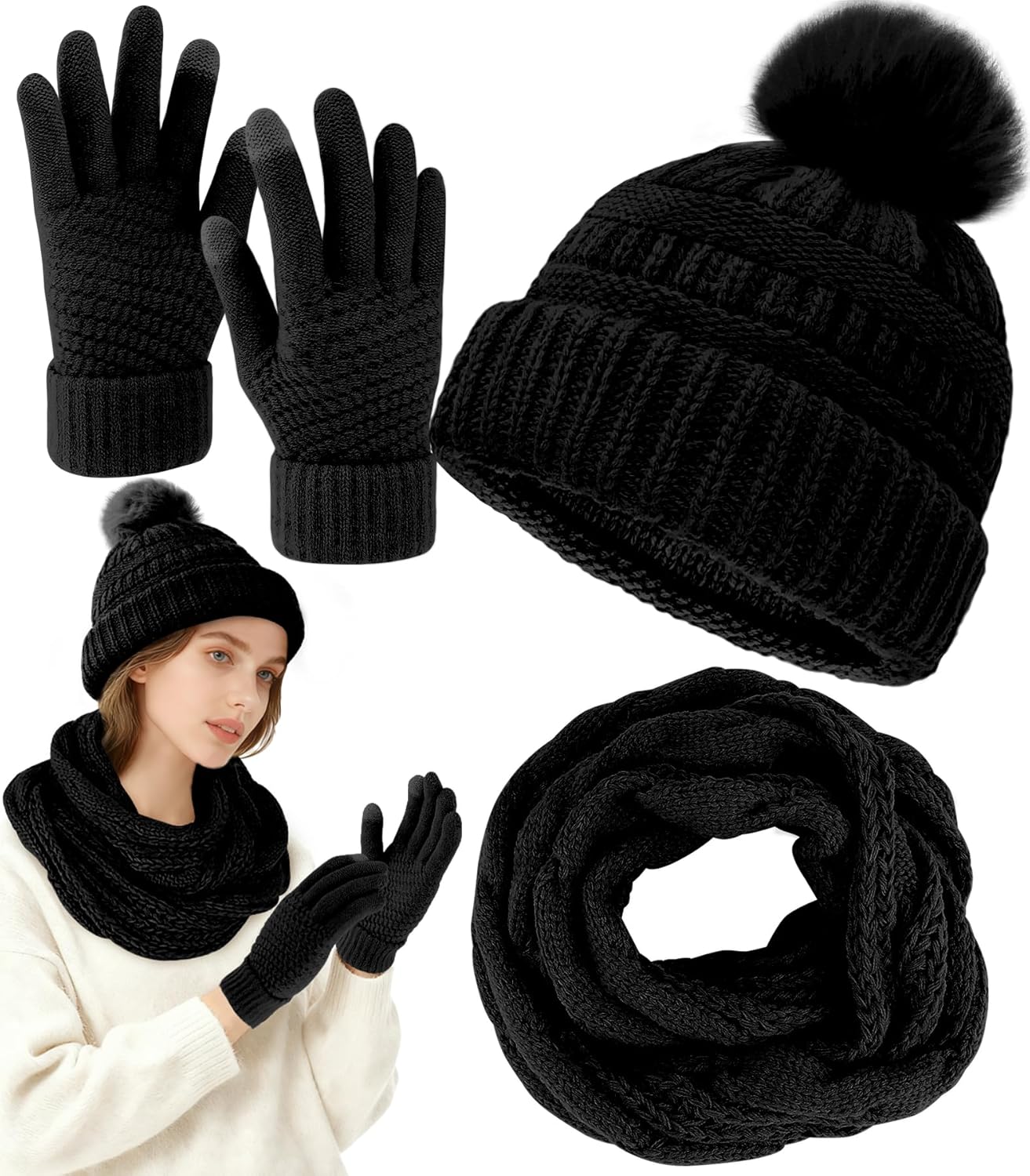 Cozy Women’s Winter Hat, Scarf, and Gloves Set – Knit Beanie & Touchscreen Gloves