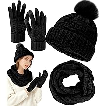 Winter Hat Scarf Gloves Set for Women, Warm Knit Beanie, Touch Screen Gloves and Soft Neck Warmer