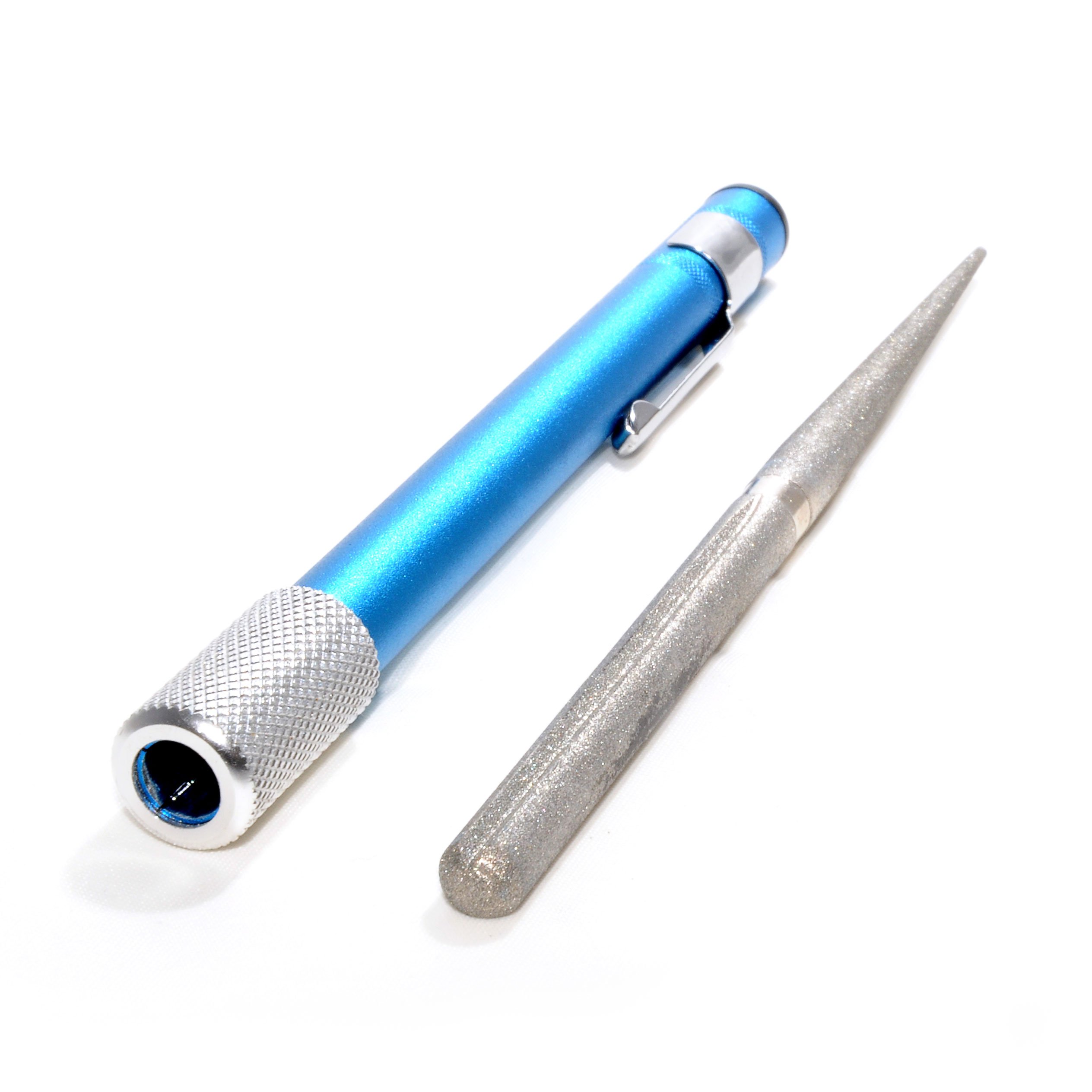 Ganzoo diamant slijpstift penmodel met telescoop 130-215 mm, conische ronde slijppunt plus vlakke zijde, clip voor zak, arretiering met schroefdraad en stalen moer, 10 mm, 35 g, blauw/zilver