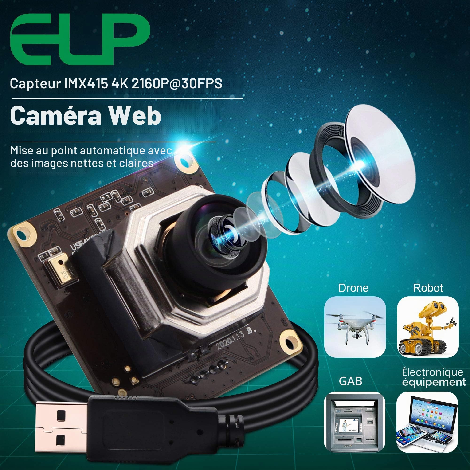 ELP 4K Module de caméra autofocus Ultra HD USB avec objectif sans distorsion IMX415 Capteur 2160P 30fps Webcam USB4K02AF-V100