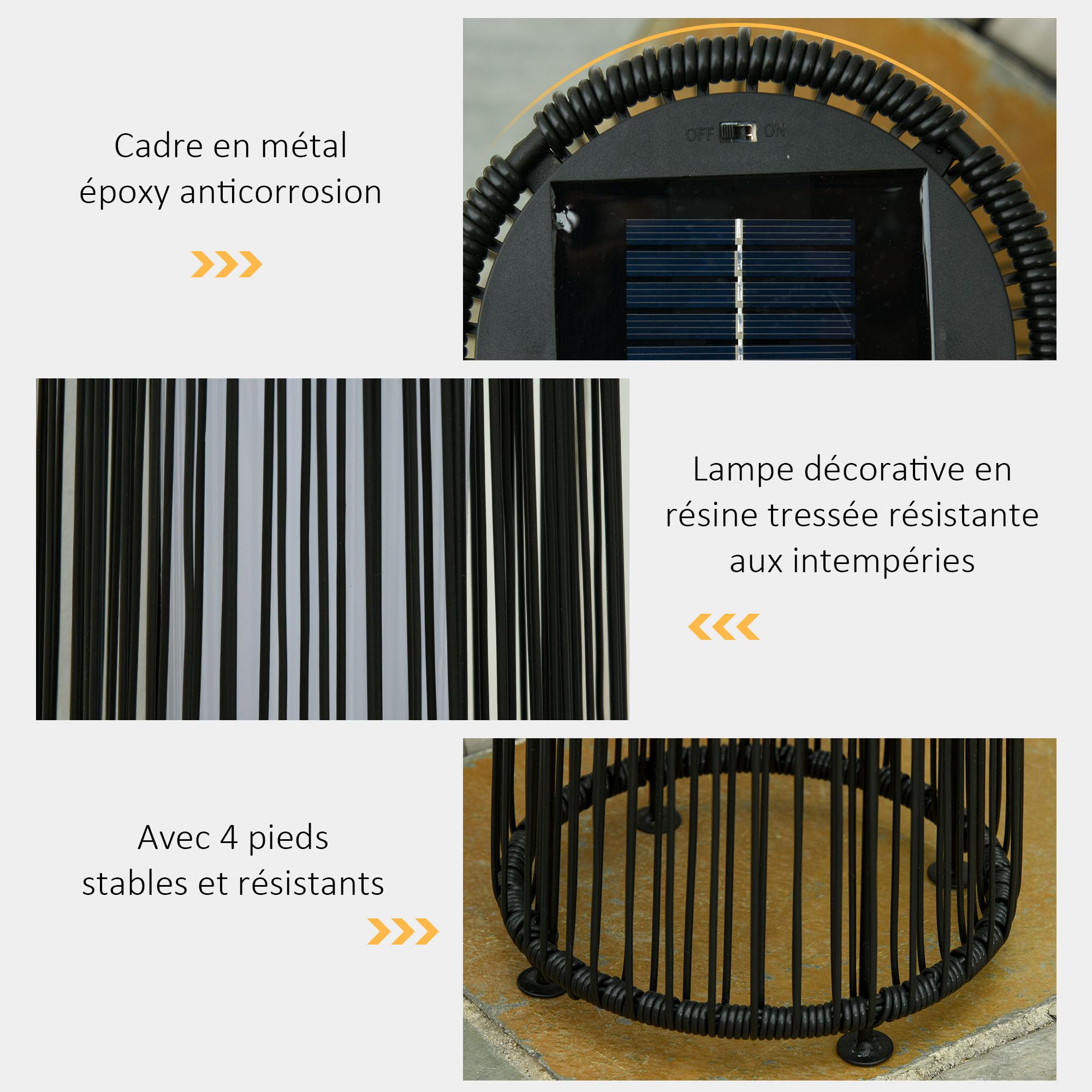 Outsunny Lampadaire LED Jardin Colonial Ø 21,5 x 61H cm Résine Tressée Noire