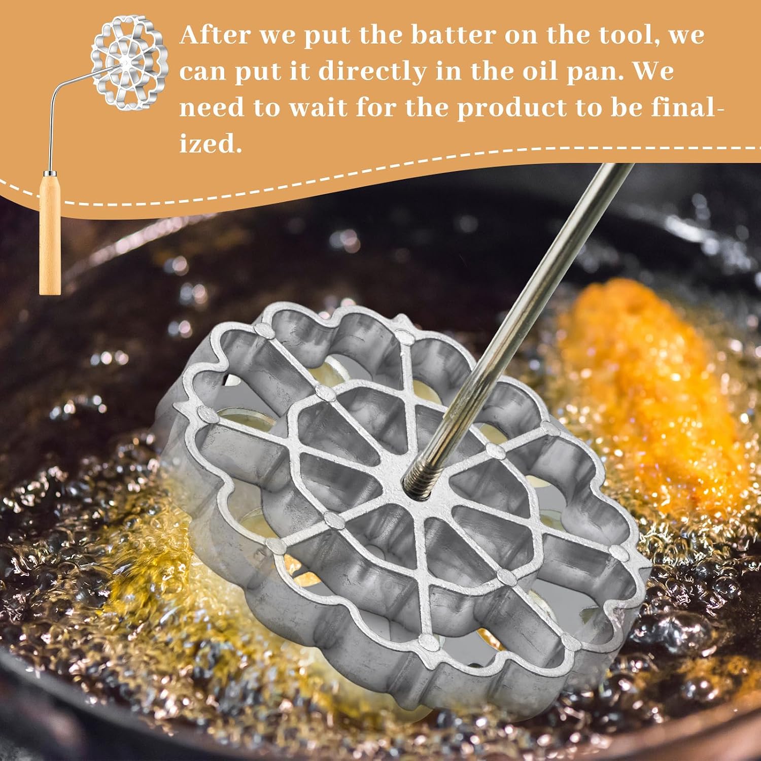 Teenyyou 3 Pcs Bunuelos Rosette Mold with Handle Achappam Iron,Wood