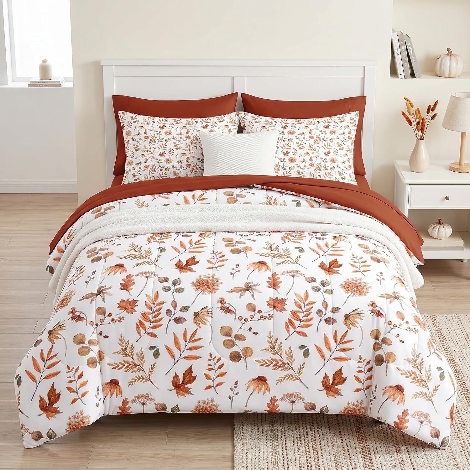 Pamnest Queen Fall Comforter Set with Sheets, 7 Pieces Maple Leaf Bedding | Bed in A Bag for All Season, Farmhouse Nature Scenery Autumn for Kids and Adults, Pillowcase & Sham