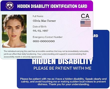 Custom Hidden Disability ID Card with Lanyard Personalized Invisible Disability & Emergency Contact Card, Waterproof PVC Medical Alert Card for Autism, Anxiety, PTSD Blue