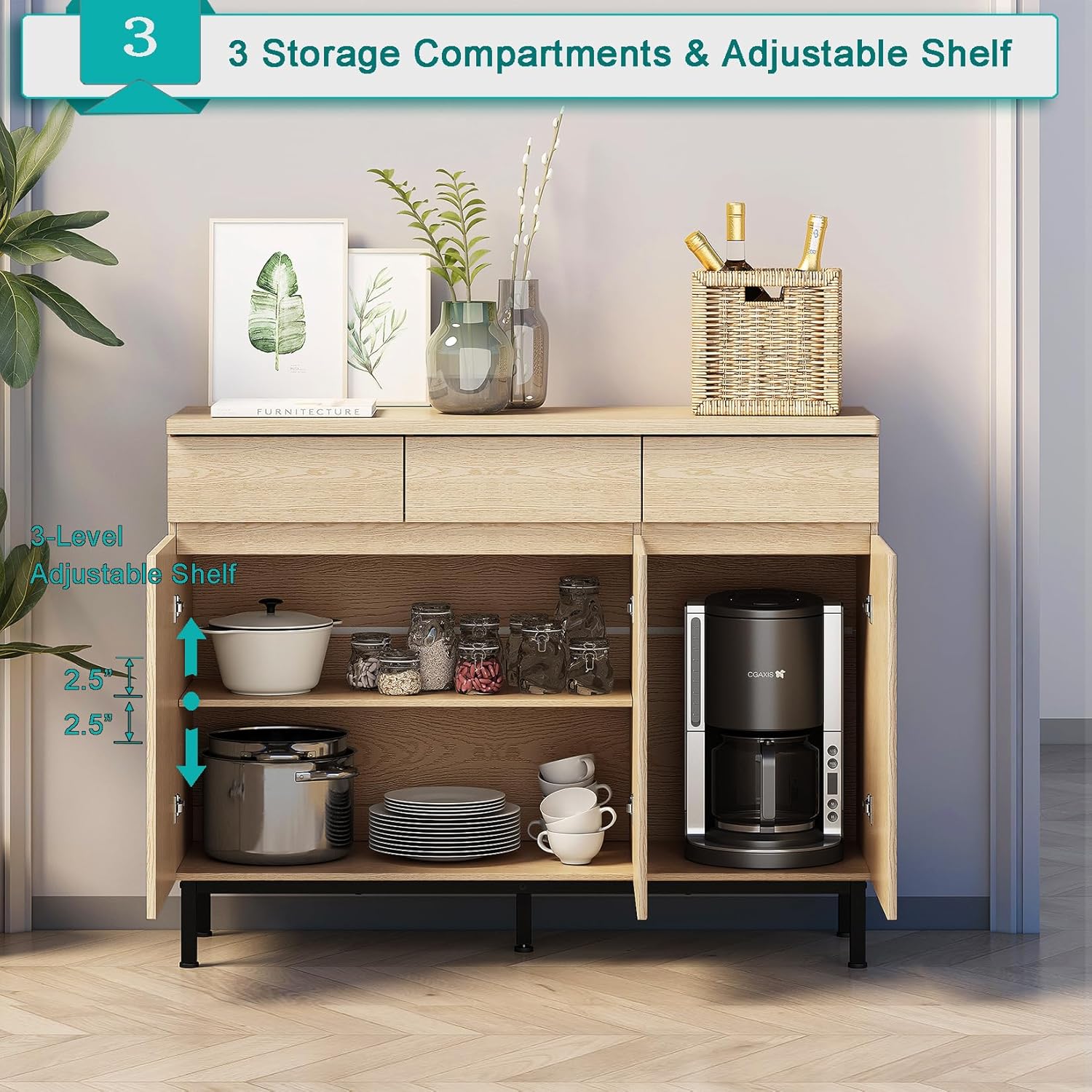 Modern Fluted Sideboard Buffet Cabinet with Storage and Led Lights, 46" Kitchen Buffet Storage Cabinet with Drawers and Doors, Credenza for Living Room, Natural