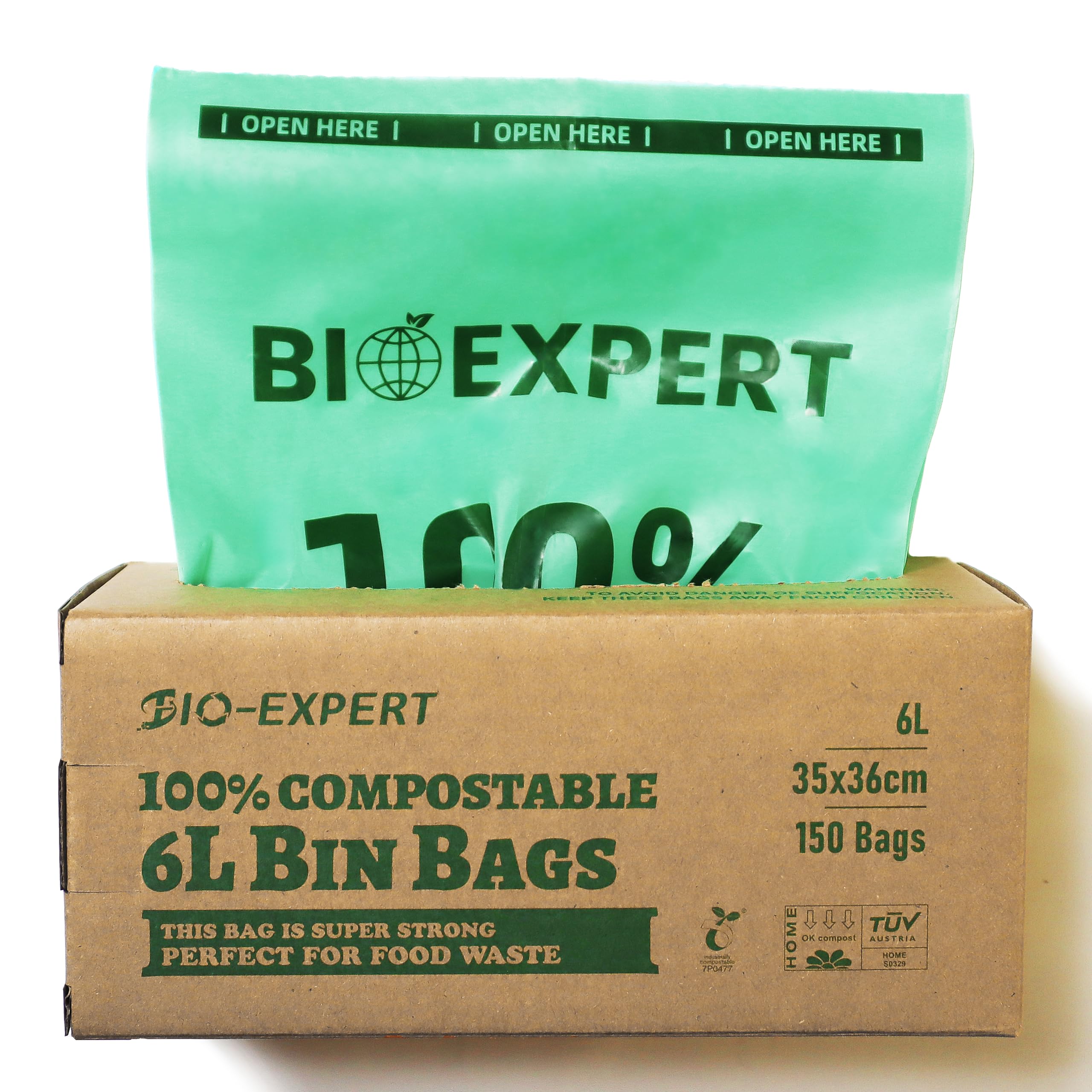 BIO-EXPERT 150x 6L Food Caddy Bin Liner Bags, Home Compostable, Biodegradable, Made from Plants with En13432 & Home Compost Certification Leakproof Super Strong Green Color (6L 150Bags)